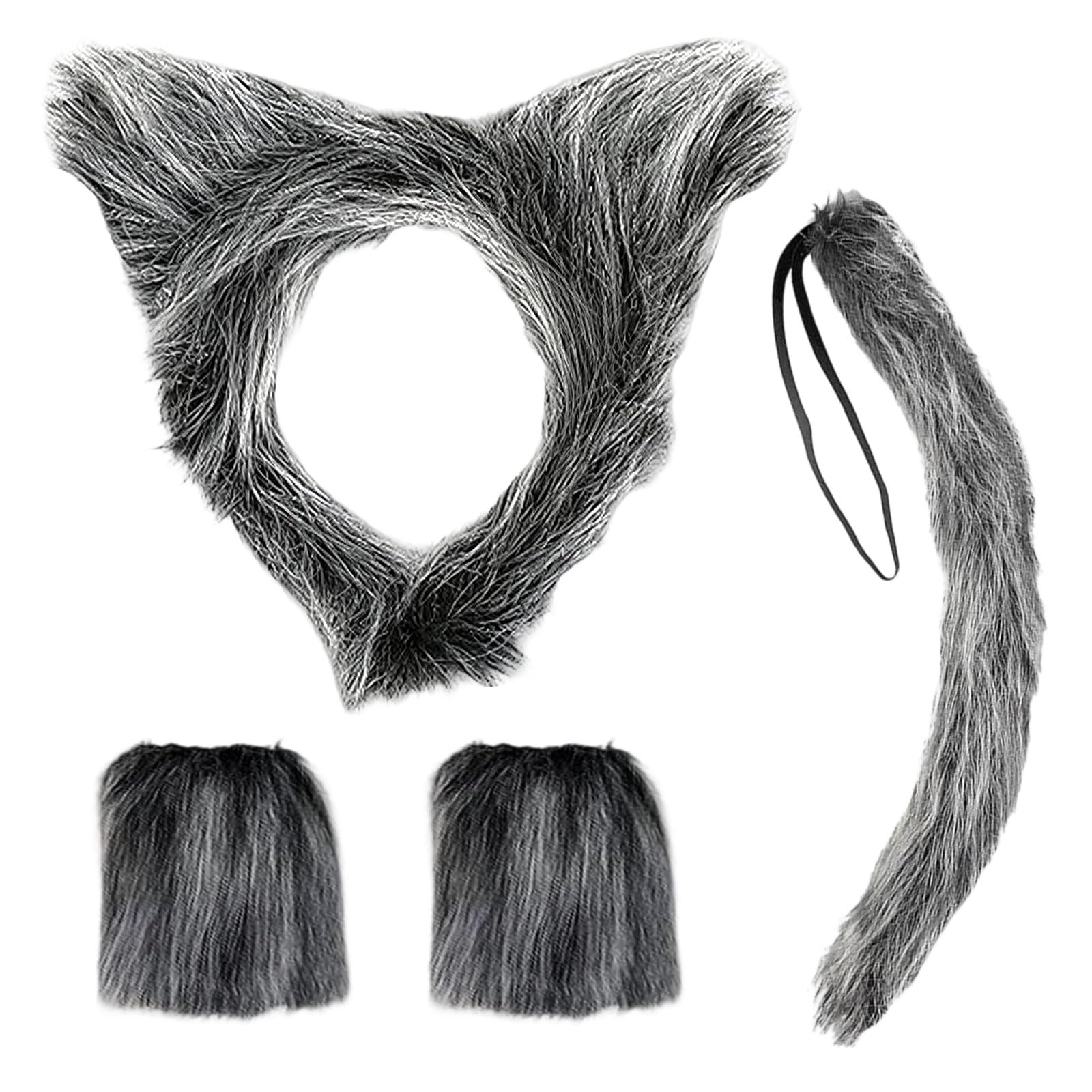 RJQZN 4 Pcs Grey Werewolf Costume Accessories, Furry Animal Tail with Gloves, Fancy Dress Ears Headband for Kids and Adults, Halloween Party Role Play Outfit
