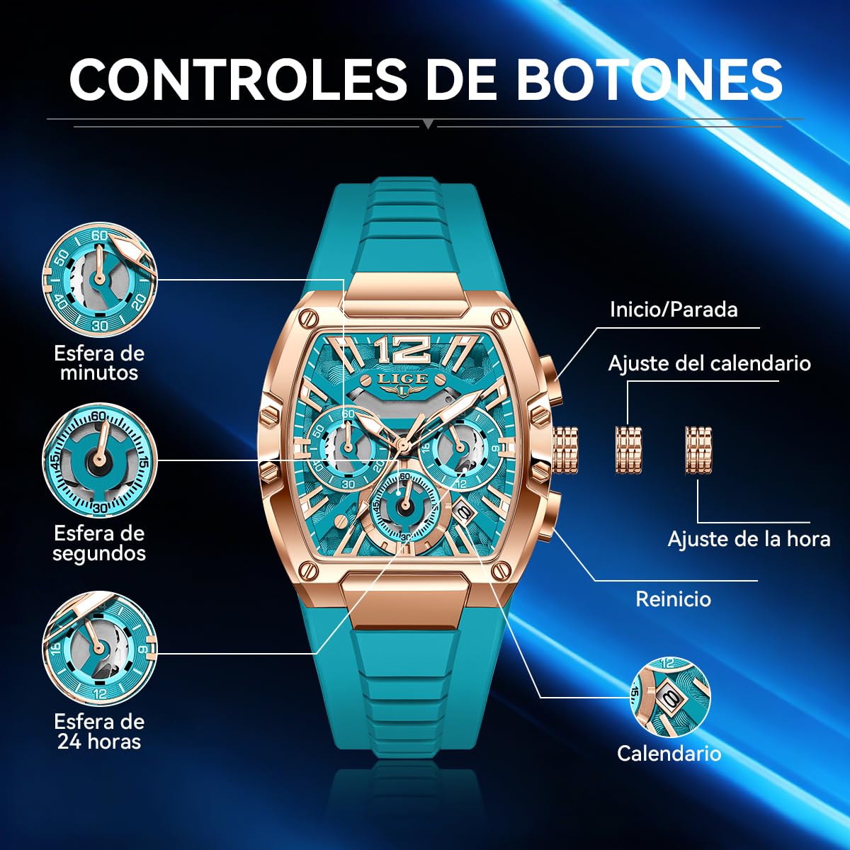 LIGE Reloj Hombre Cronógrafo Analógico de Cuarzo - Diseño Tonel Deportivo | con Correa de Silicona para Negocios y Ocio, con Calendario y Agujas Luminosas, Resistente al Agua 3 ATM, Regalo para Hombre