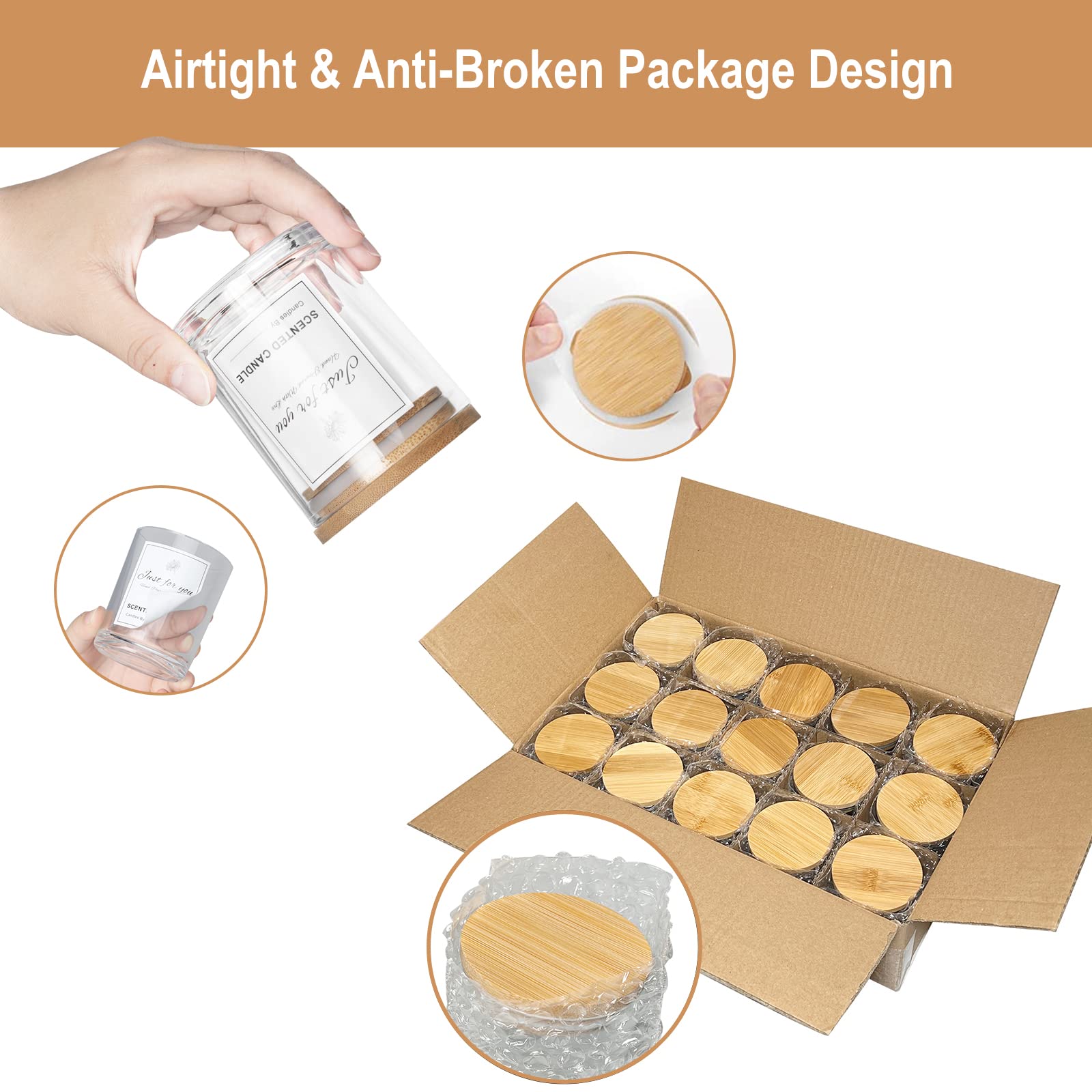 CONNOO 15 Pack 7 OZ Clear Candle Jars with Bamboo Lids for Making Candles, Thick Glass Candle Jars Empty Jars in Bulk with lids - Dishwasher Safe