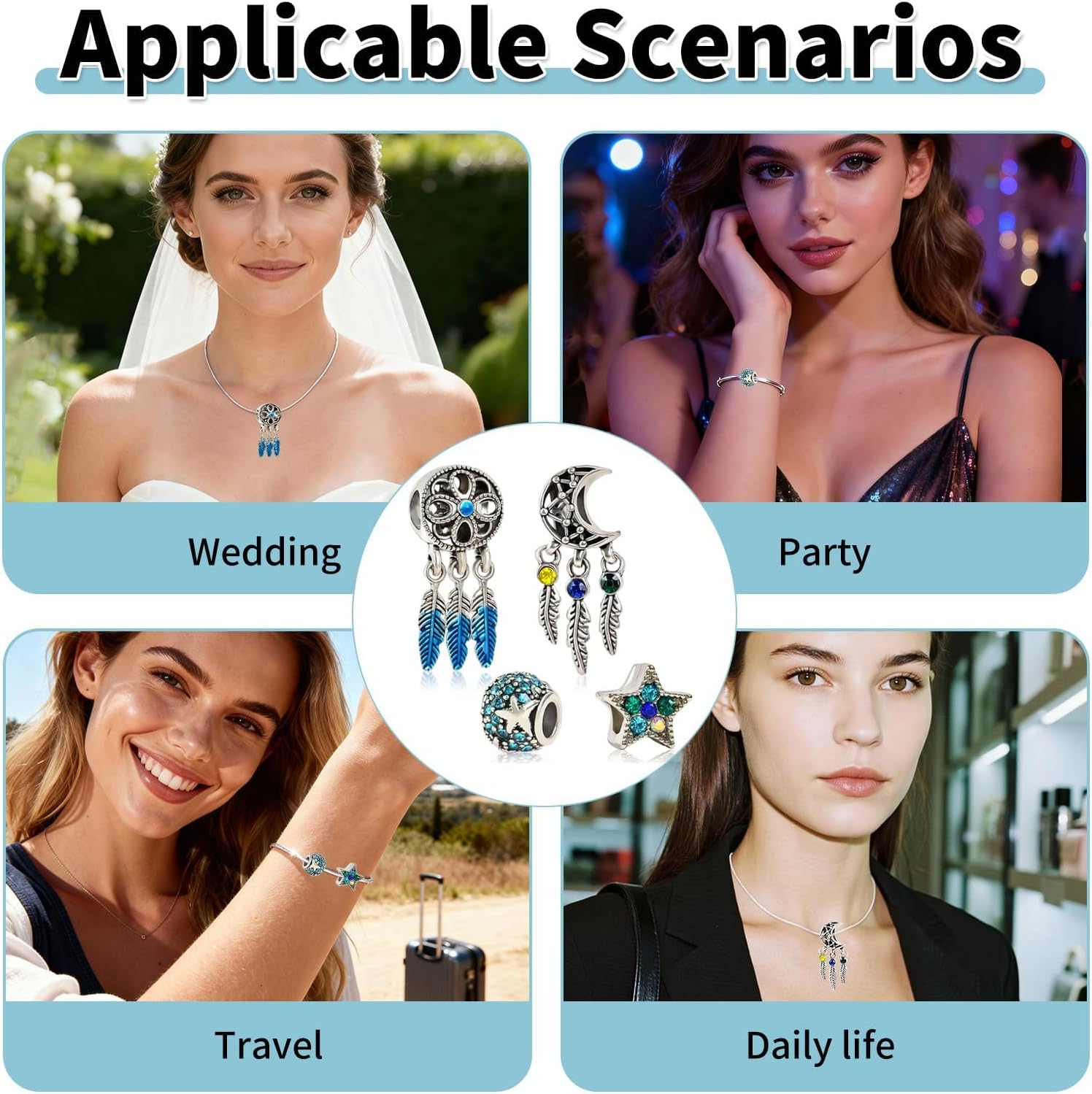 4pcs Charms for Pandora Bracelet Sterling Silver Charms with Cubic Zirconia Oceanic Starfish Spiritual DreamCatcher Feather Tassels Dangle Pendant Charm DIY Making Valentine's Gift for Women Teens - Image 6