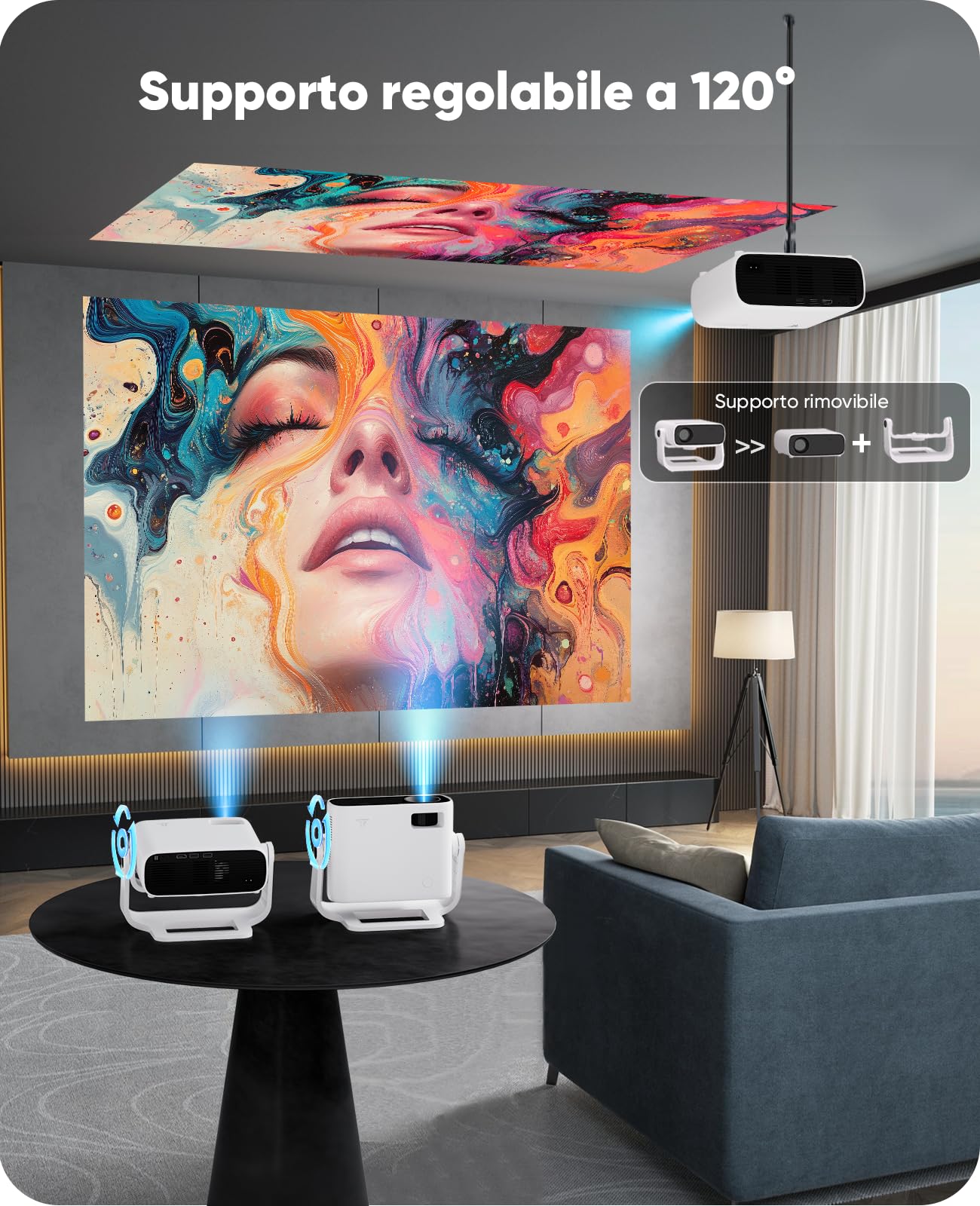 Proiettore intelligente Wielio Android 11, Supporto FHD 1080P 4K, 650 ANSI, WiFi6 & BT5.2, Basso Rumore (<30 dB), Supporto Regolabile a 120°, Correzione Trapezoidale, per Android/iOS/Switch/PS5