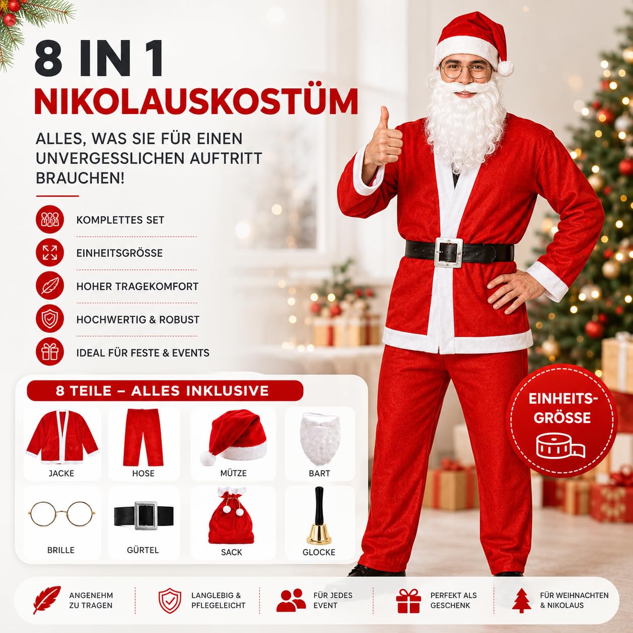 FASCHINFEVER 8 in 1 Set Santa Claus - Weihnachtsmannkostüm & Nikolauskostüm - für Weihnachten - Kostüm für Nikolaus - Weihnachtsmann - Herren & Erwachsene