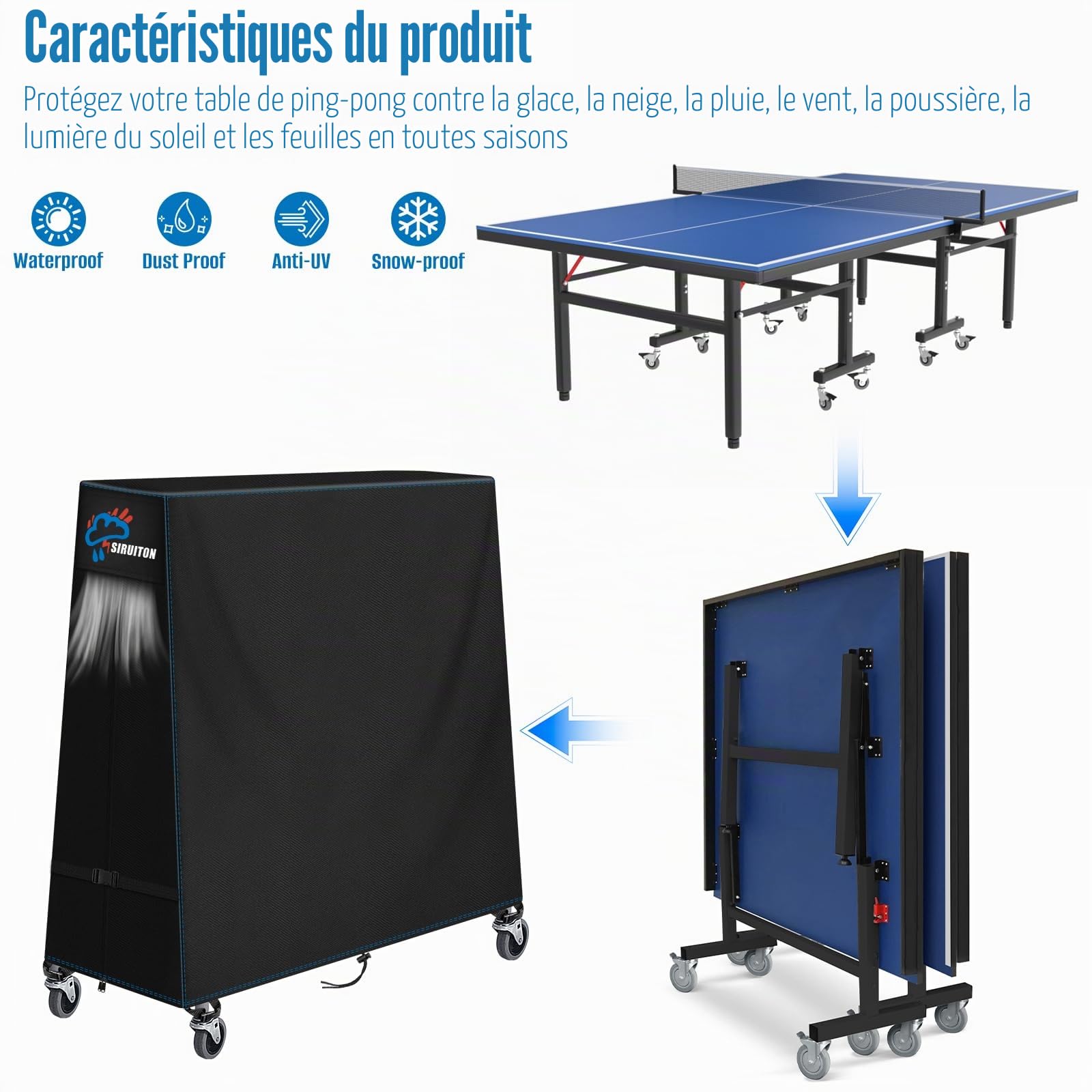 SIRUITON Housse de table de tennis de table Compatible avec les tables pliantes et fixes, résistance élevée, imperméable et respirable en 500D, protection pour table de ping-pong（173x77x158cm）