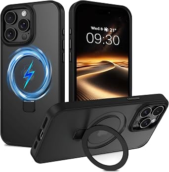 Magnetic Case for iPhone 15 Pro Max Black with Ring Holder Foldable Stand Metal Kickstand [Compatible with Magsafe], Slim Transparent Protective Phone Cover for iPhone 15 Pro Max, Black