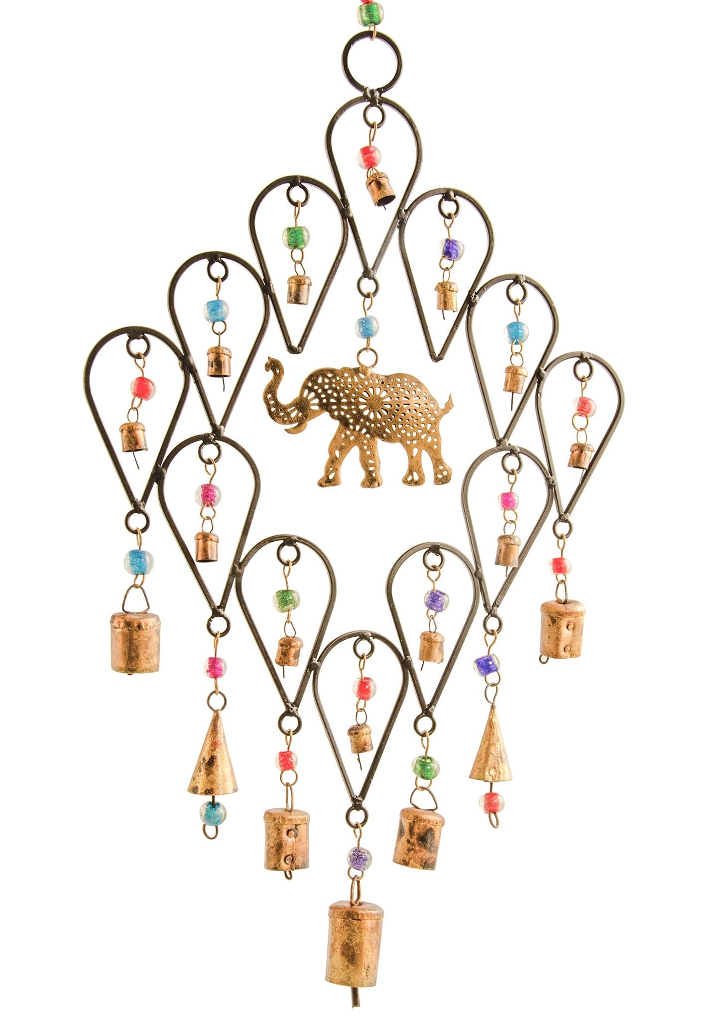 Decorative Iron Wind Chime with Elephant Design, 30 x 58 cm, Recycled Metal Bells with Glass Beads, Handcrafted in India