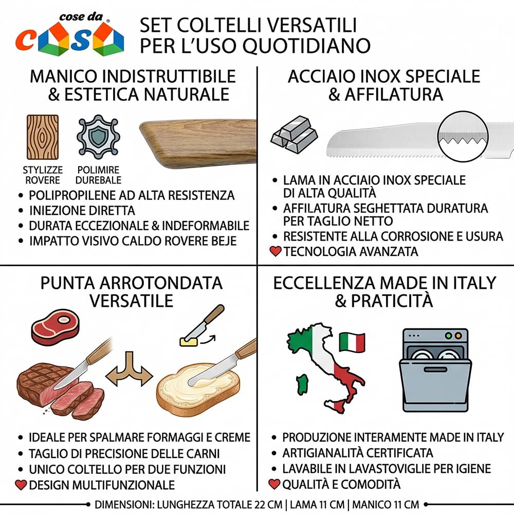 Coltello da tavola set 12 manico effetto legno lama acciaio inox seghettata per bar pub ristoranti tavola casa-beige