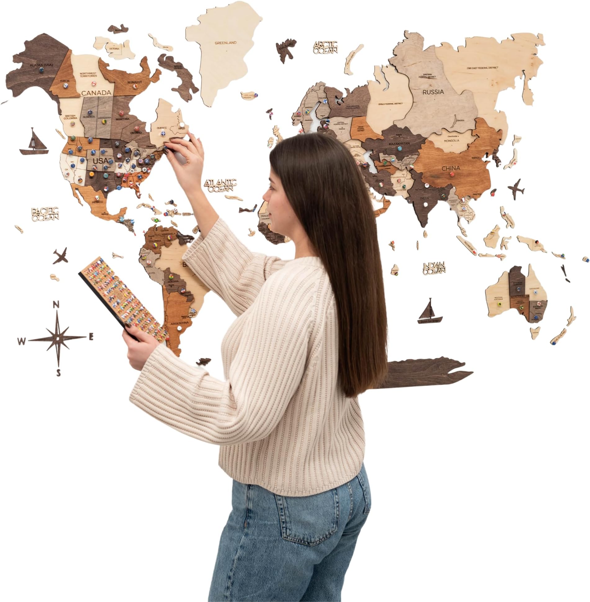 3D Wood World Map Wall Art Large Wall Decor - World Travel Map All Sizes (M L XL) Any Occasion Gift Idea - Wall Art For Home & Kitchen or Office (Large, Multicolor)