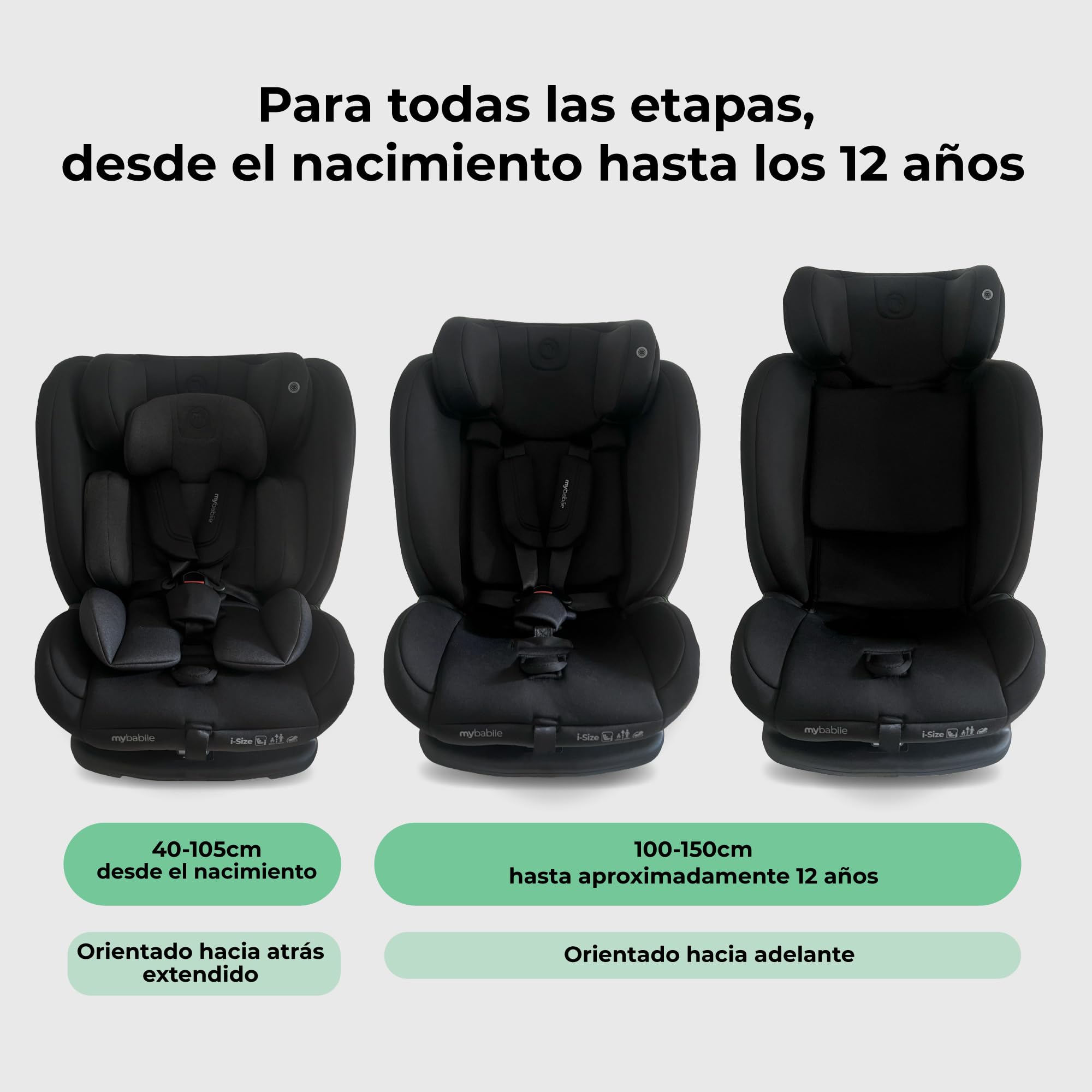 My Babiie MBCS100 - Asiento infantil convertible 2 en 1 R129 con cinturón, 40-150 cm (aprox. nacimiento - 12 años, 0-36 kg), i-Size, grupo 0+1/2/3, ajustable, color negro