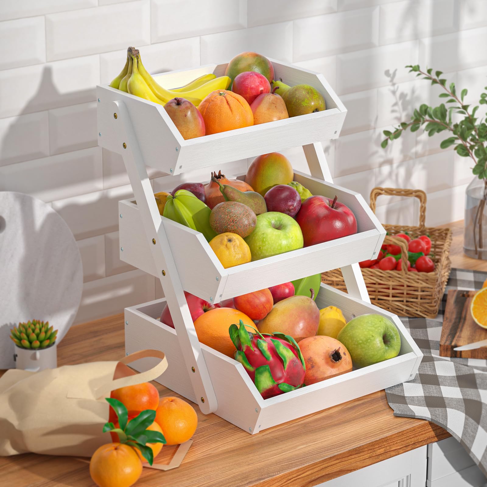 Supporto per Cesto di Frutta in bambù a 3 Livelli, Supporto per Verdure e Pane per ripiano della Cucina, Bianco