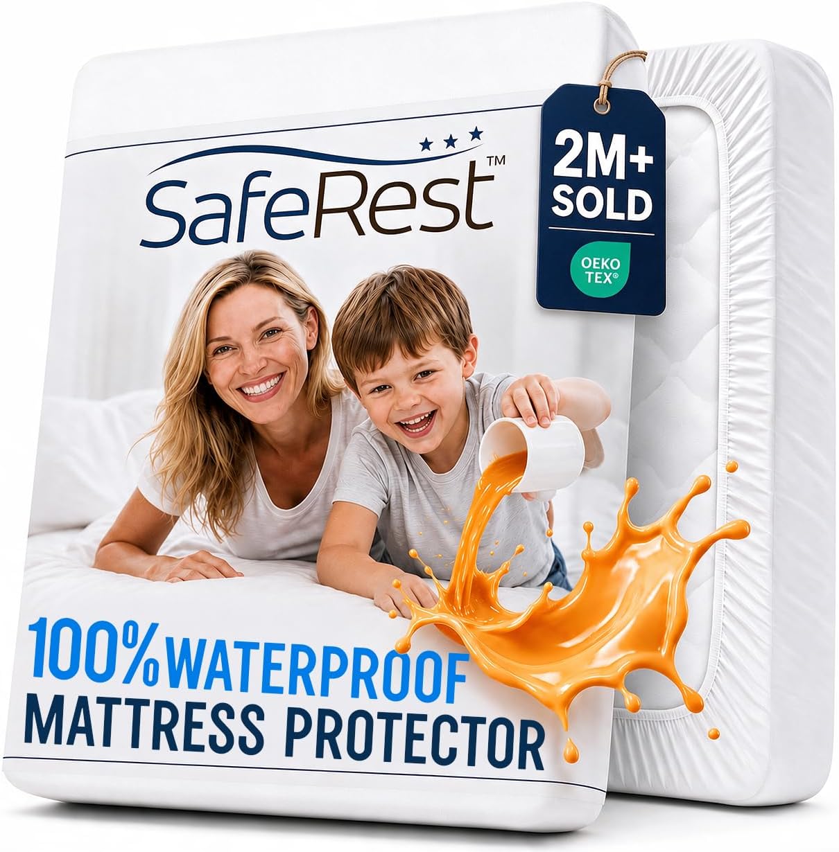 SafeRest Waterproof King Size Mattress Protector | Fitted with Stretchable Pockets, Machine Washable, Cotton Blend Mattress Cover for Bed