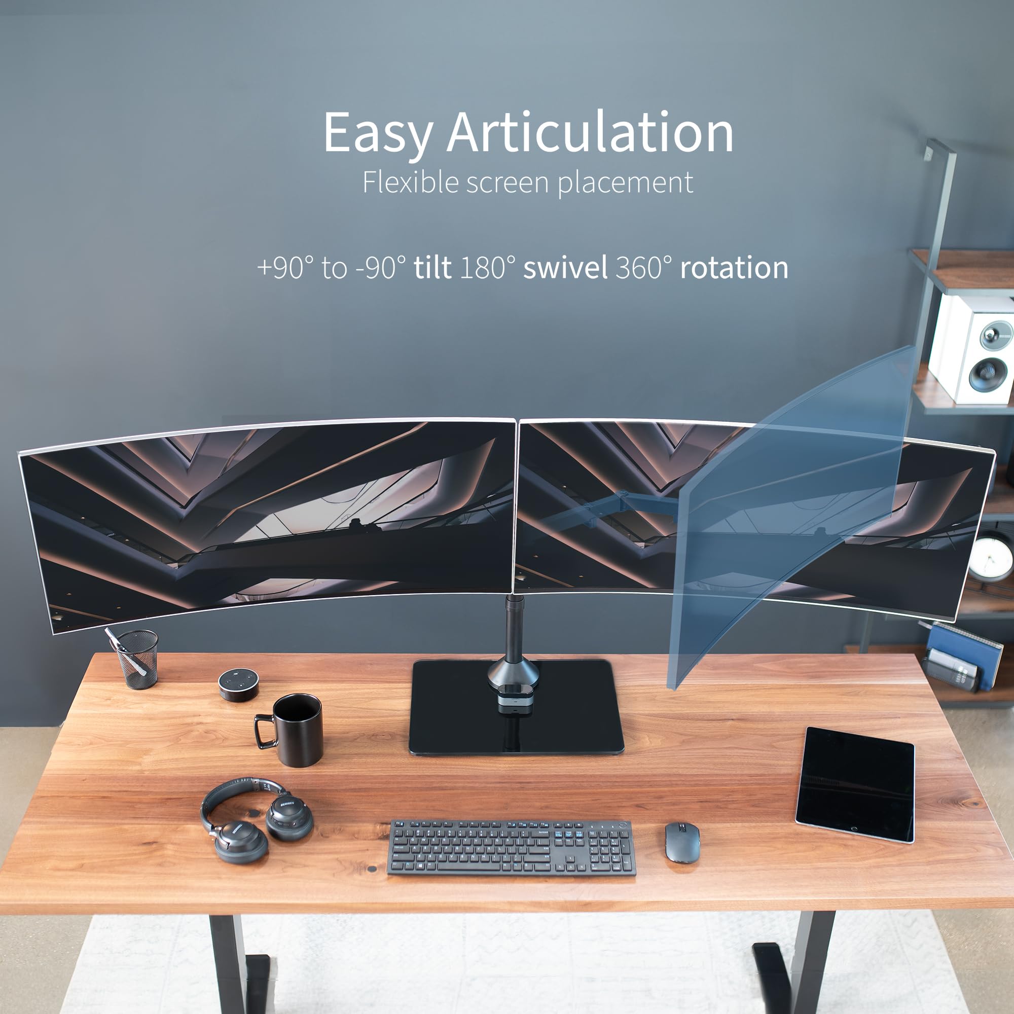 VIVO Freistehender Dual-Monitorständer mit schlankem Glasboden und verstellbaren Armen, 2 Bildschirme bis zu 96,5 cm und je 10 kg, Schwarz, STAND-V038FG
