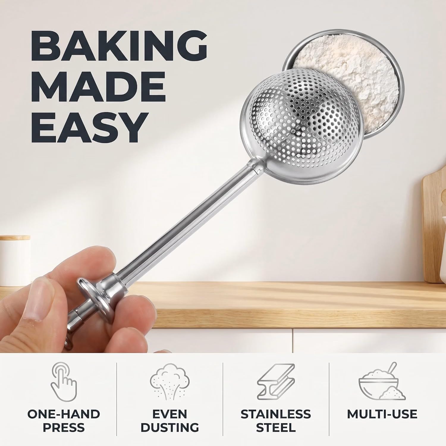 Flour Duster for Baking, 1 PCS Flour Sifter for Baking Powdered Sugar Shaker Duster, 304 Stainless Steel Dusting Wand Sprinkler and Tools，Spices and Tea Strainers