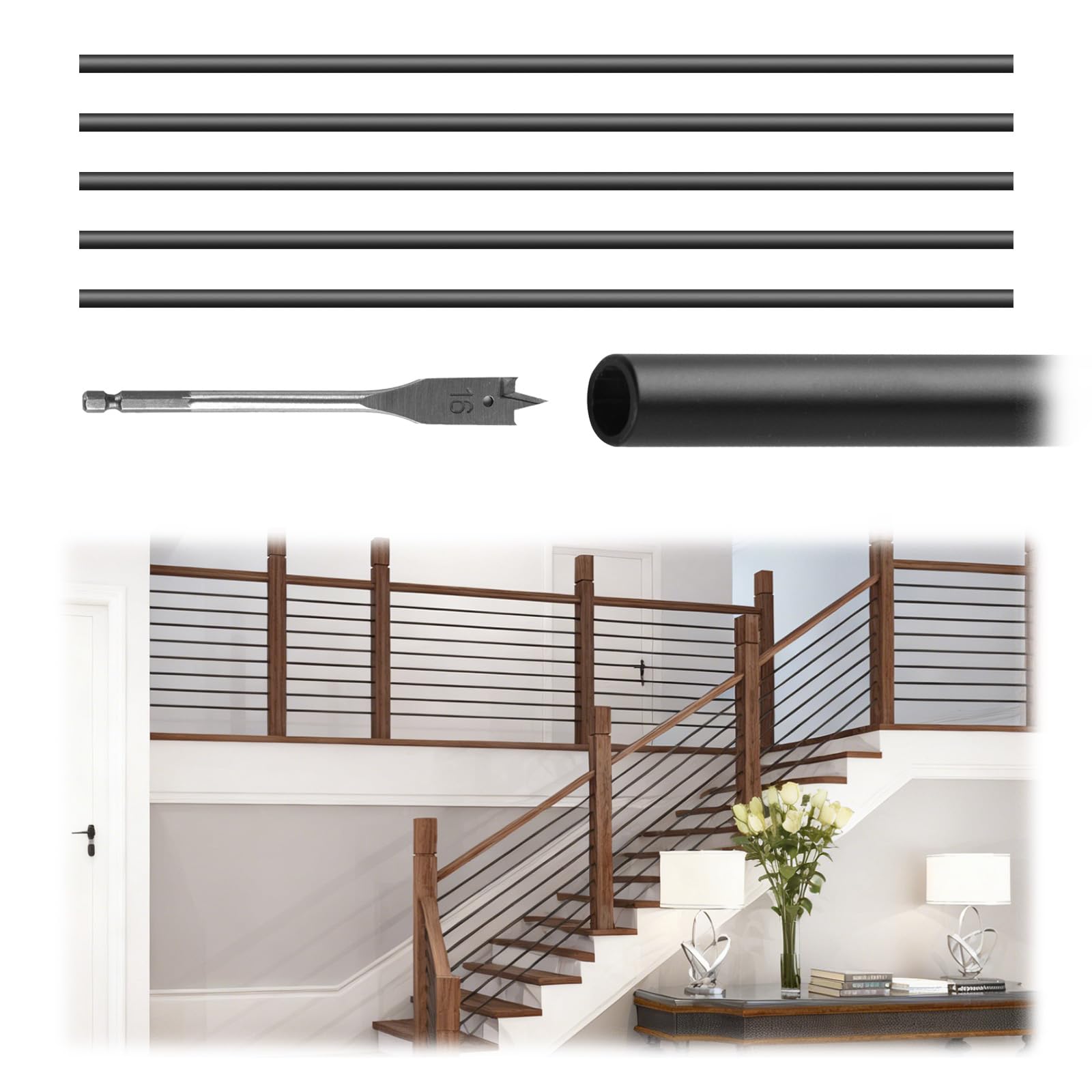 Patavin 6 Foot x 5/8-inch Round Horizontal Bar Baluster for Stair Remodel- Aluminum Hollow Staircase Metal Spindles for Outdoor Deck Railing-Matte