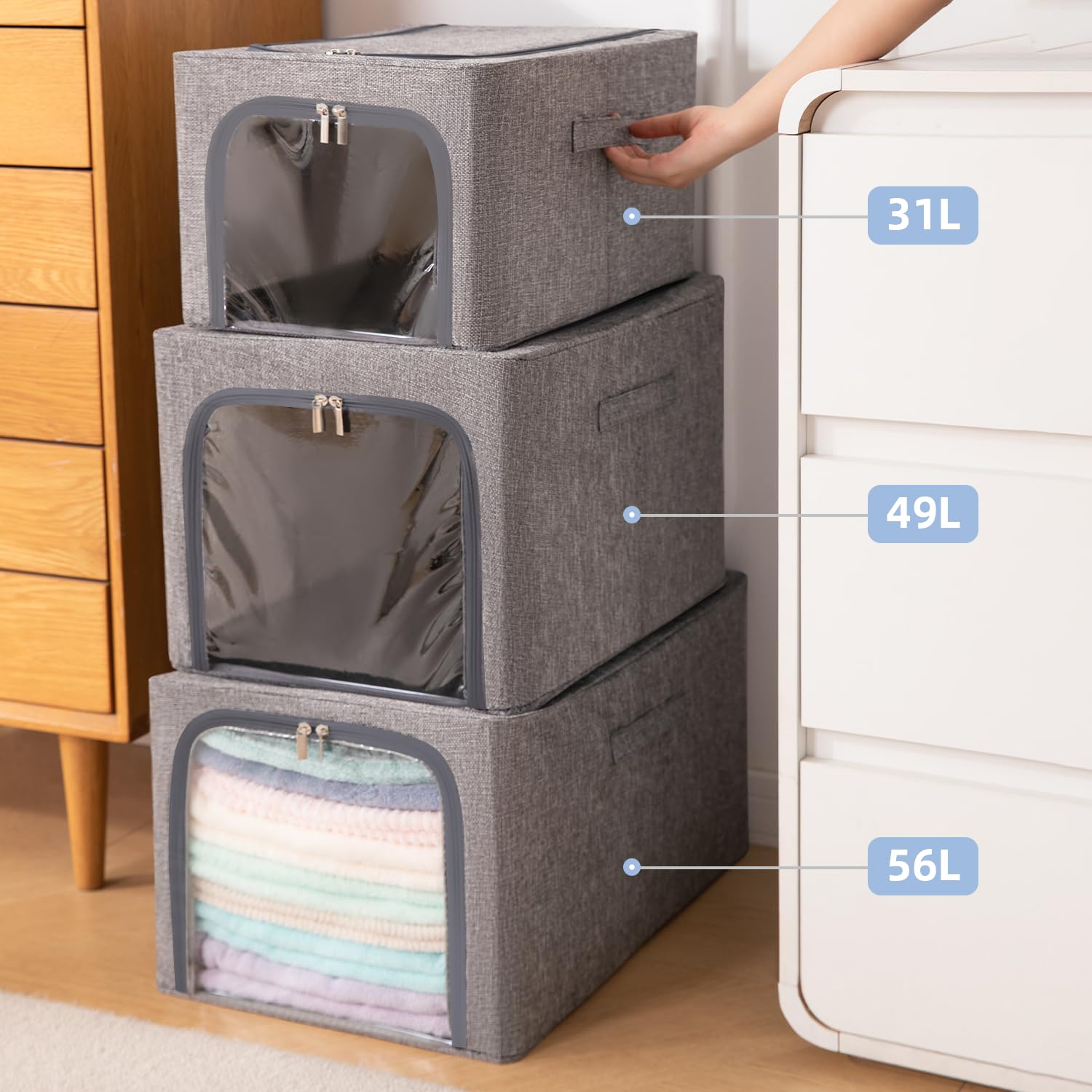 GuliPostan 3-Pack 40L Stackable Clothes Storage Bins With Metal Frame - Collapsible Closet Organizer Box With Lid, Light Grey