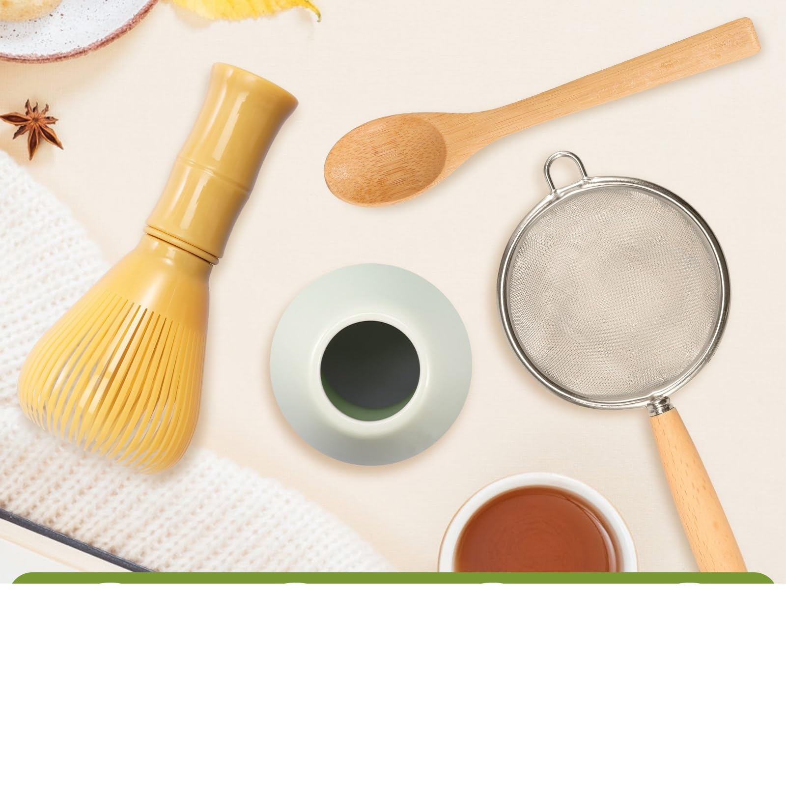 Juego de 5 batidores de matcha. Práctico juego de matcha. Incluye soporte for batidor, batidor de matcha, colador, cuchara for té y cuchara for té. Preparación de matcha. Juego de Té Matcha