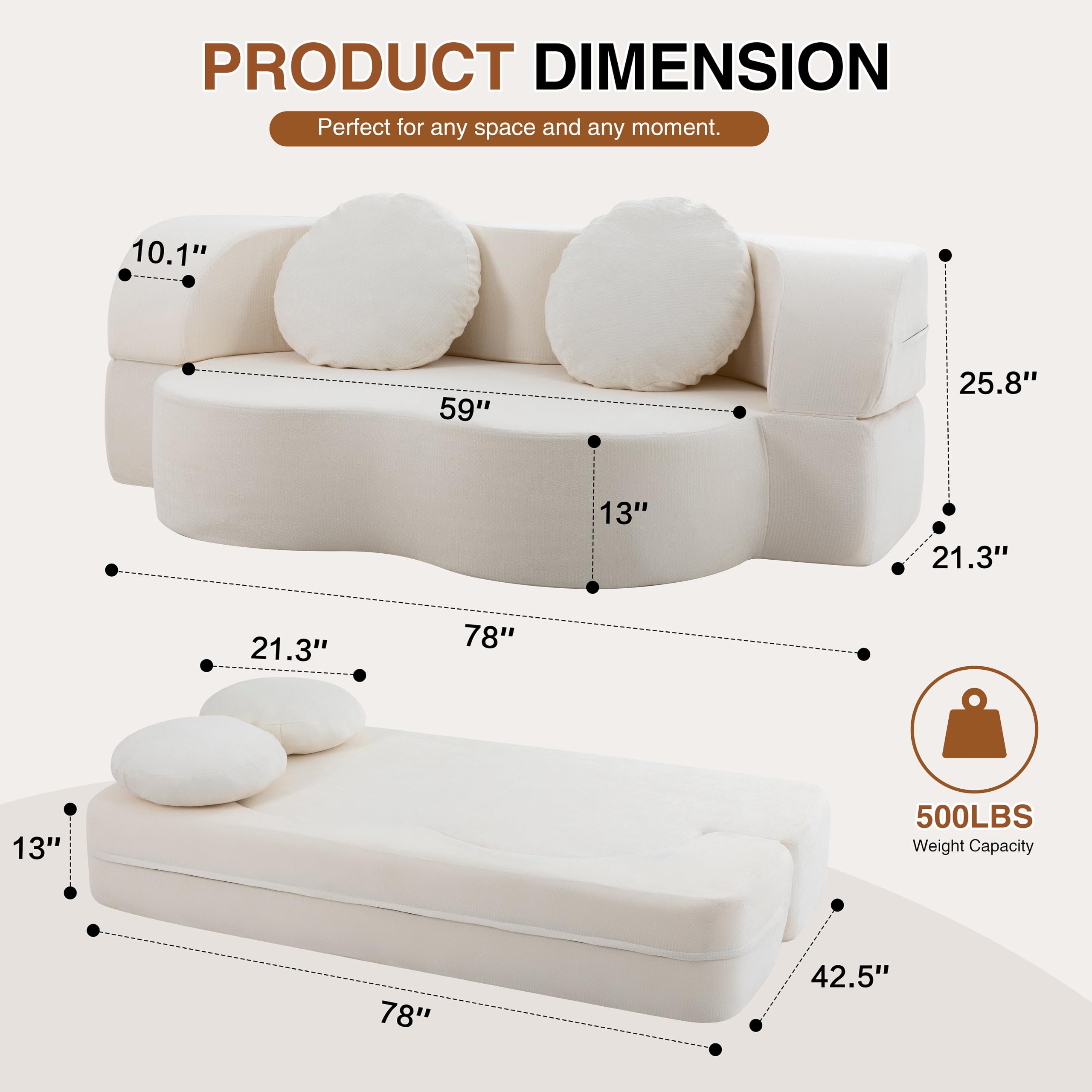 Shintenchi 78" Convertible Sofa Bed, Sleeper Boneless Futon Sofa, White | 2-in-1 Loveseat Floor Couch, Full Size Foldable Guest Bed, with 2 Pillows, Memory Foam, for Living Room Bedroom, No Assembly