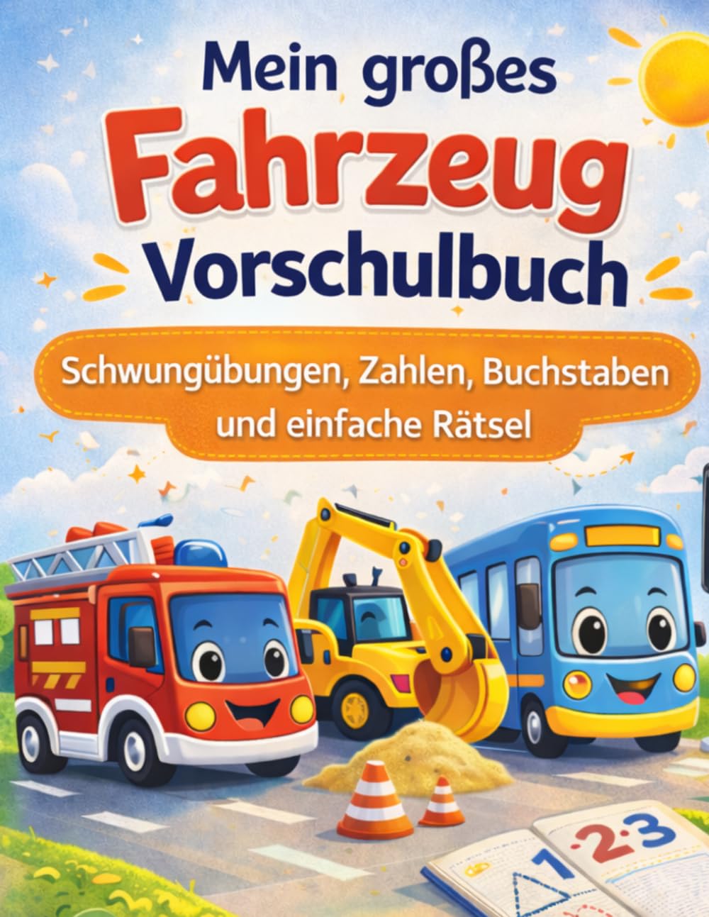 Mein großes Fahrzeug Vorschulbuch für Kinder ab 4 Jahren: Schwungübungen, Zahlen, Buchstaben und einfache Rätsel