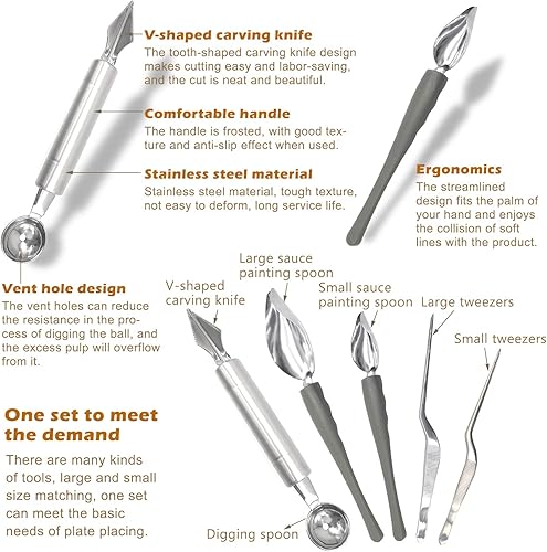 Miniatura 3 de Juego de 5 cucharas de decoración de dibujo culinario, cucharas de llovizna, pinzas de cocina y cuchara de melón, herramienta de chef profesional