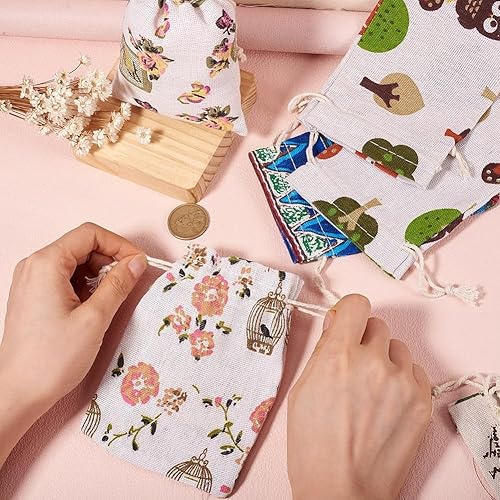 Miniatura 6 de KISSITTY 36 bolsas con cordón, bolsas de embalaje de regalo, diseño de flores, bolsas de almacenamiento de tela impresas de 5.5 x 3.9 pulgadas para