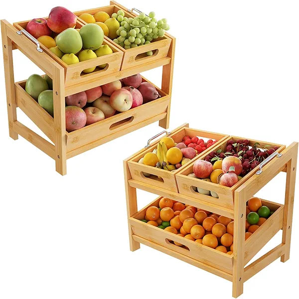 Fruit Basket, Fruit Tray, 2 Tier Bamboo Fruits Basket Stand for Kitchen Countertop – Fruits Holder – Suitable for Bread, Vegetables, Produce, Home Storage and Display Pack of 2