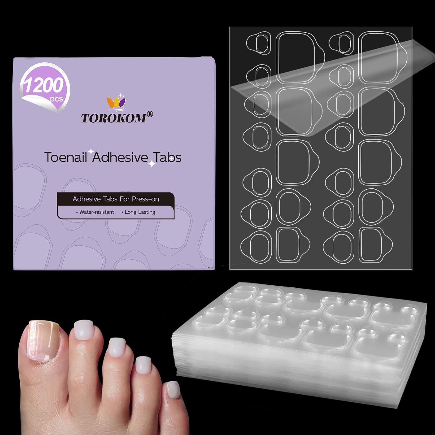 TOROKOM 1200PCS Toe Nail Adhesive Tabs Extra Strong | 50 Sheets Toenail Sticky Tabs for Press Ons | Ultra Thin, Waterproof & Easy to Use Press On Sticky Tabs for Toenails