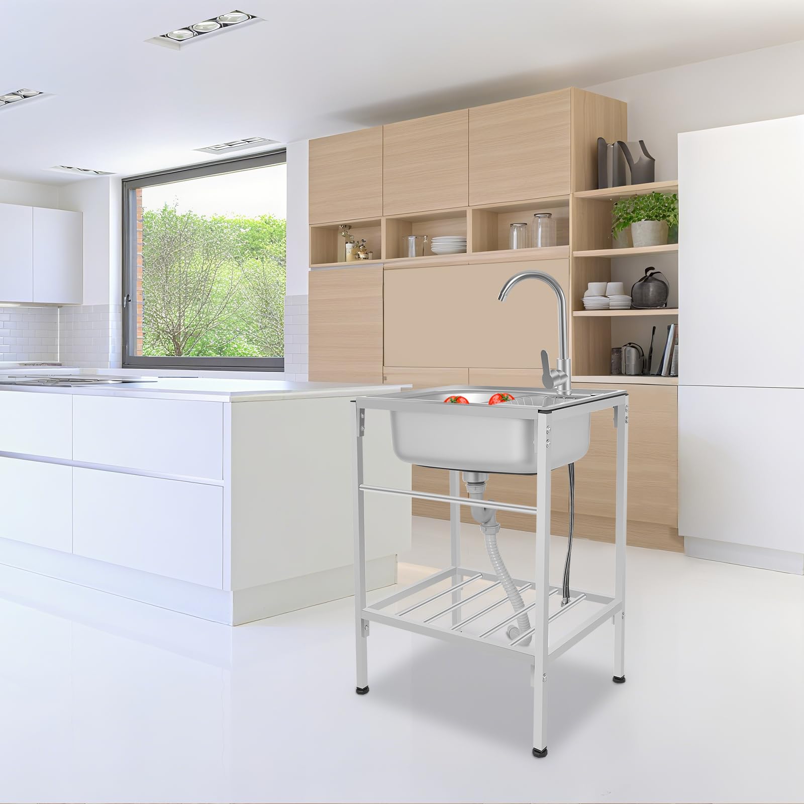 Lavabo indipendente in acciaio inox, 60 x 45 x 75 cm, 1 vasca, mobile per garage industriale, per esterni, giardino, campeggio, con rubinetto, scolapasta per lavanderia, garage, cortile