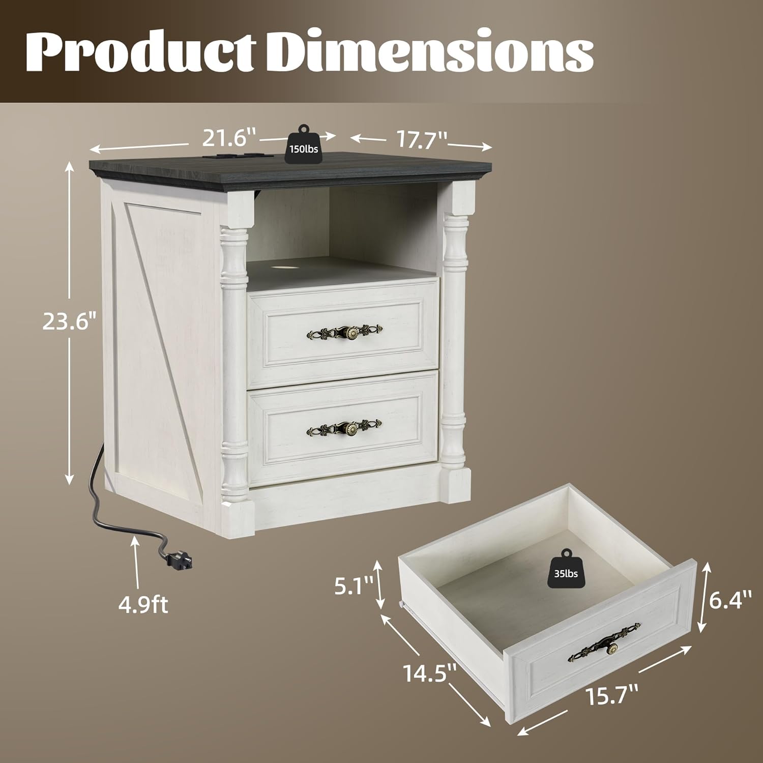 Farmhouse Nightstand with Charging Station and 2 Storage Drawers, 22" Wide Wood Vintage Night Stand with Charger and Roman Column, Rustic End Table, Bedside Table for Bedroom, Antique White