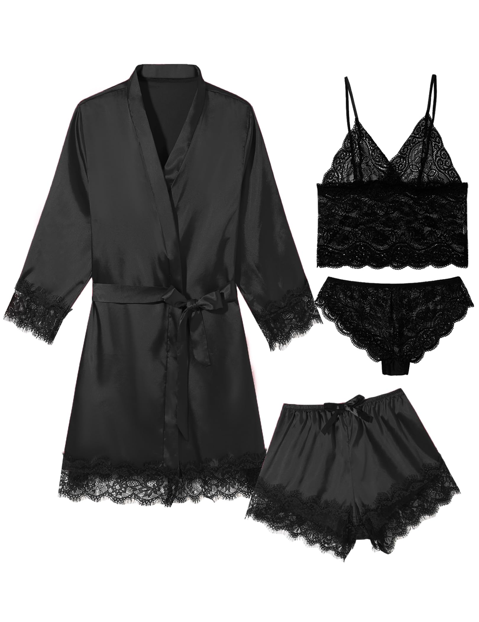 Sexy Pajama Set for Women Silk Lingeries 4 Piece Pjs Robes Set Satin Cami Shorts Sleepwear Lace Floral Loungewear