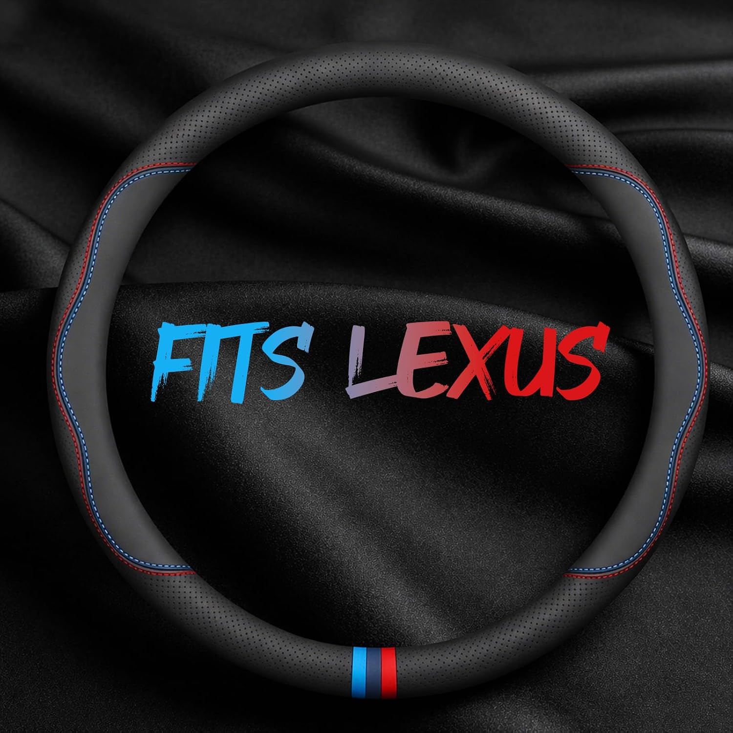 Leather Car Steering Wheel Cover, Tricolor Sporty Style, Breathing Laser Perforation, Red-Blue Dual Line, 14.5-15 Inch for BMW