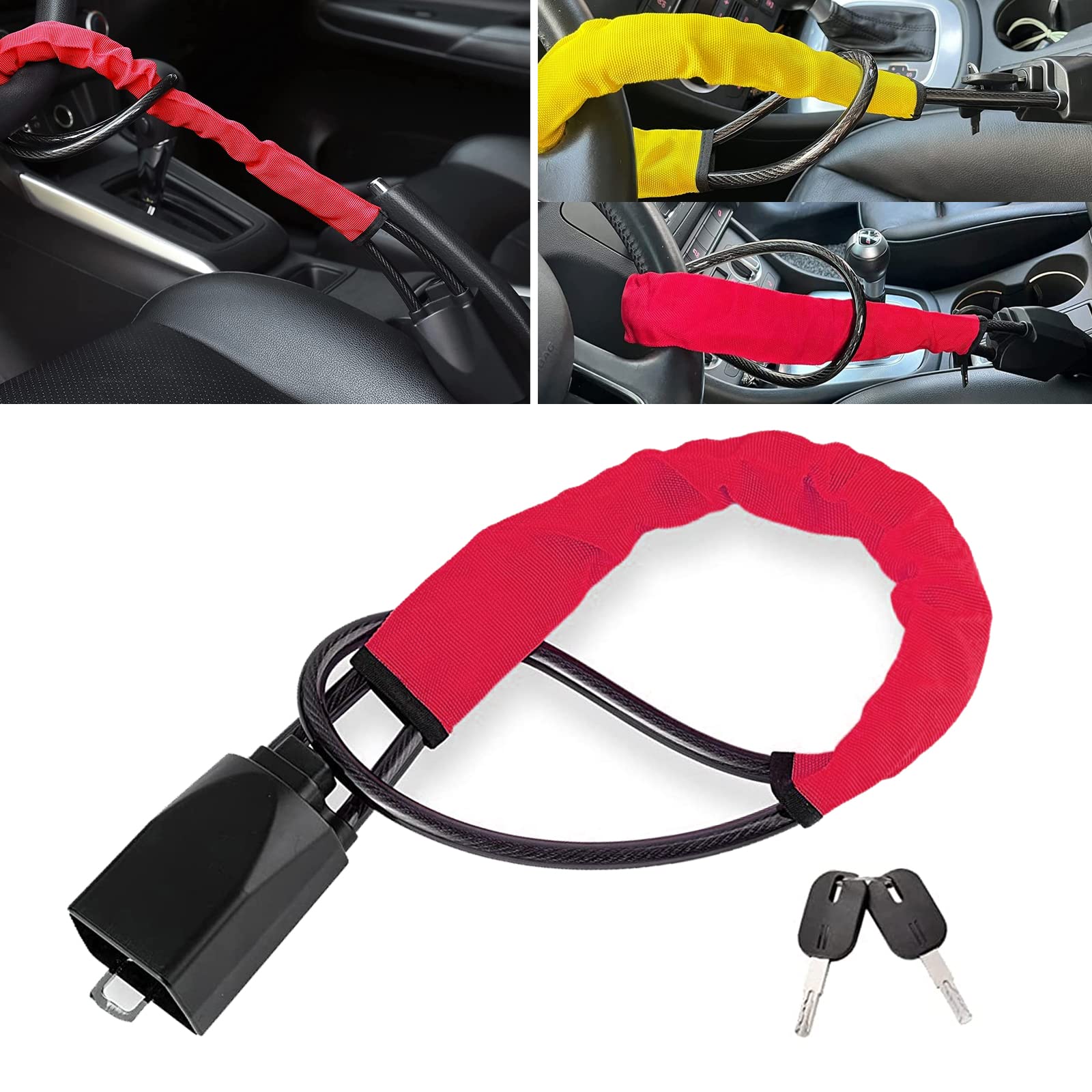 Steering Wheel Lock Seat Belt Lock Universal Anti Theft Car Device Car Lock Car Theft Prevention with 2 Keys, Fits Most Cars, SUVs, Trucks & Golf Carts Red
