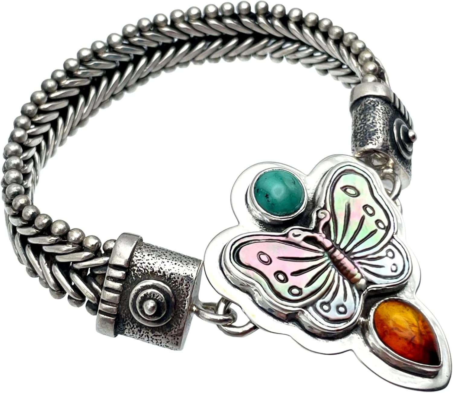 Jewelry Sterling Carved Mother Of Pearl Turquoise Carnelian Charm OOK505