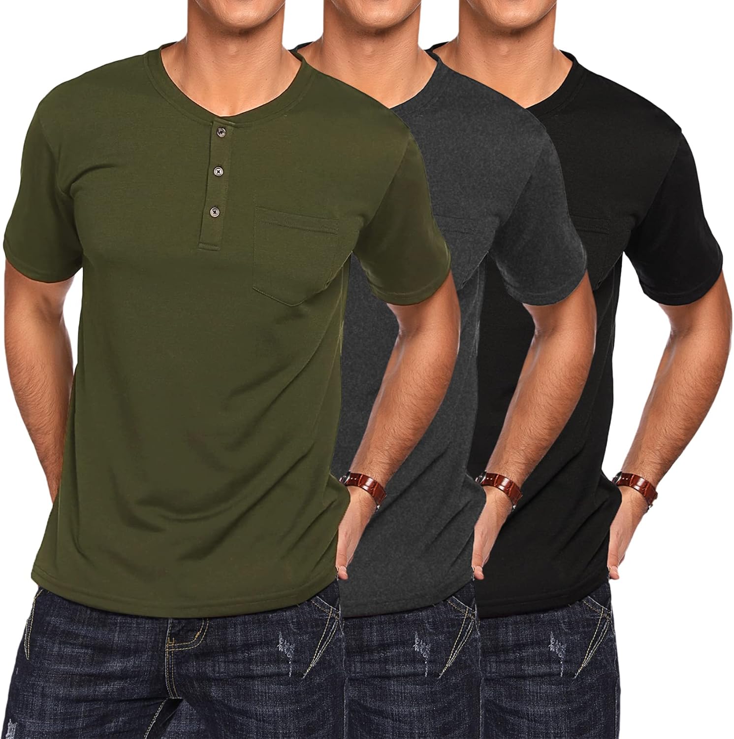 COOFANDY Men's 3 Pack Henley Shirts Short Sleeve Casual Basic Tees Classic Henley Summer Solid T Shirts with Pocket