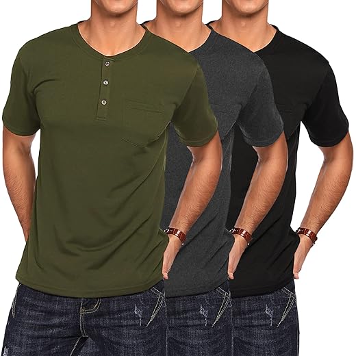 COOFANDY Pacote com 3 camisetas masculinas Henley de manga curta, casuais, básicas, clássicas, de verão Henley com bolso