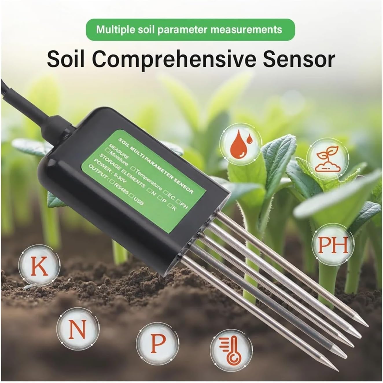 Soil Meters, USB Soil Sensor PH EC Moisture Meter 7-in-1 Smart Soil Tester with App for Phone Real-Time Fertility Temp Data Export