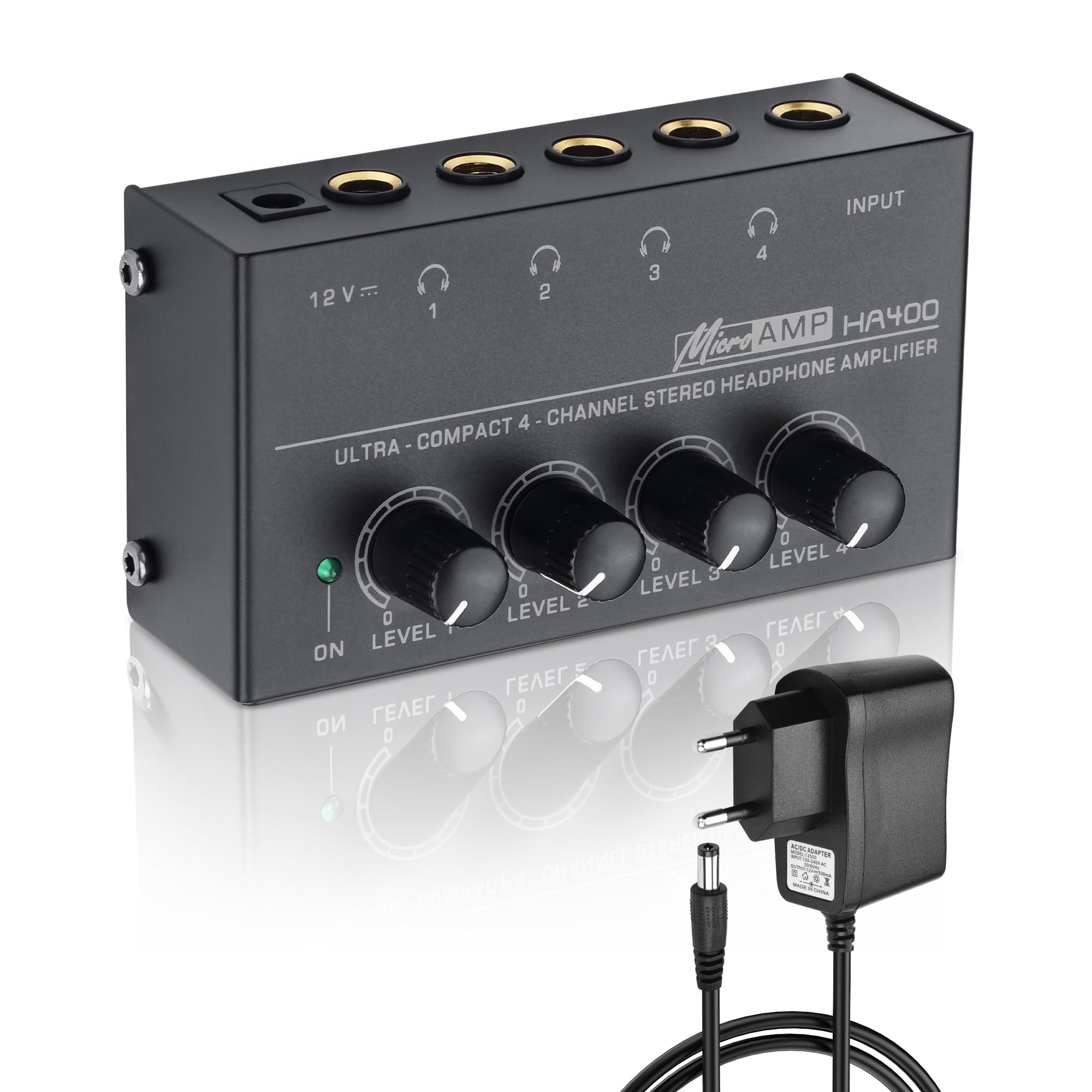 SinLoon HA400 4 canaux amplificateur de Casque stéréo, métal Mini Splitter Audio avec contrôle de Volume indépendant, 1/4 "Sortie et entrée TRS, avec Adaptateur 12V pour Studio, scène, PC, Guitare