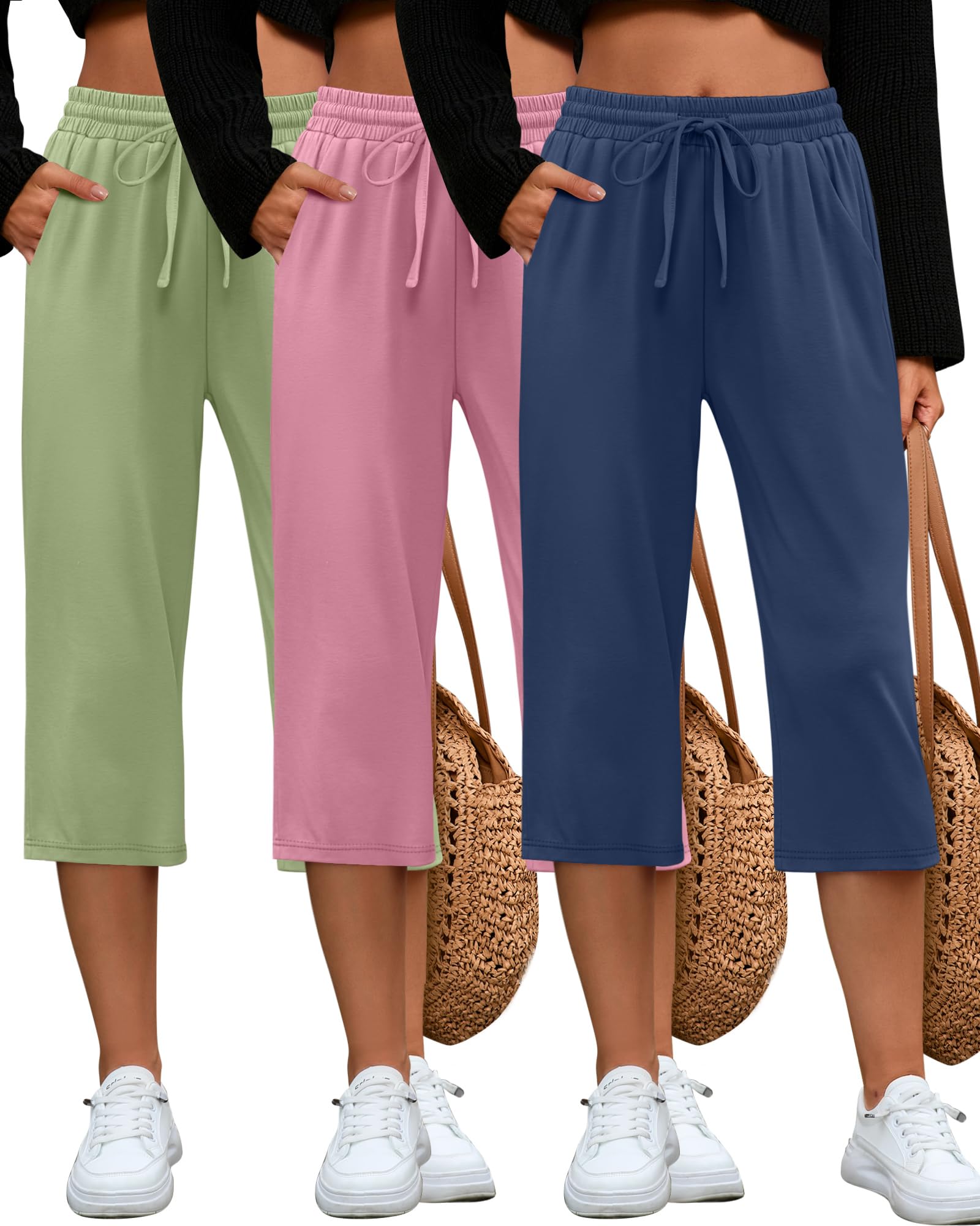 Huukeay 3 Pack Women's Capri Sweatpants, Cozy Lounge Drawstring Capris with Pockets Wide Legs Jogger Workout Yoga Pants
