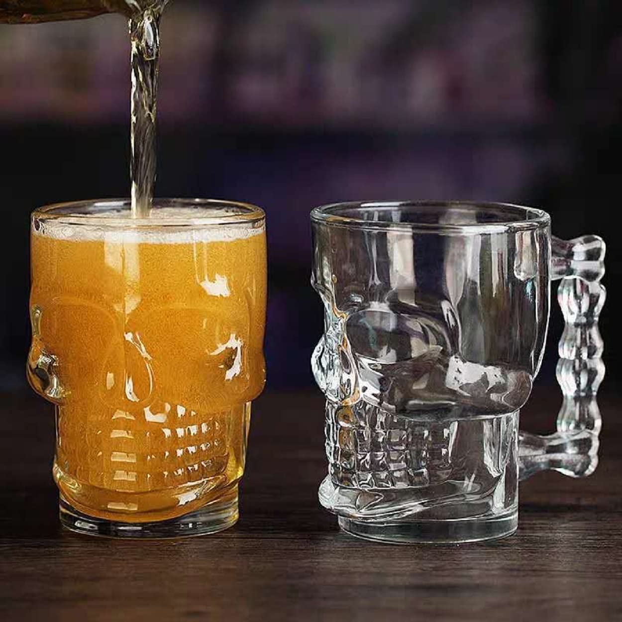 MZP Italin Premium Luxury Skull Beer Mug Drinking Glasses with Handle, Set of 2 Heavy Base Funny Entertainment Glassware for Water, Halloween Decorations Beverage Gifts 400 ml Clear