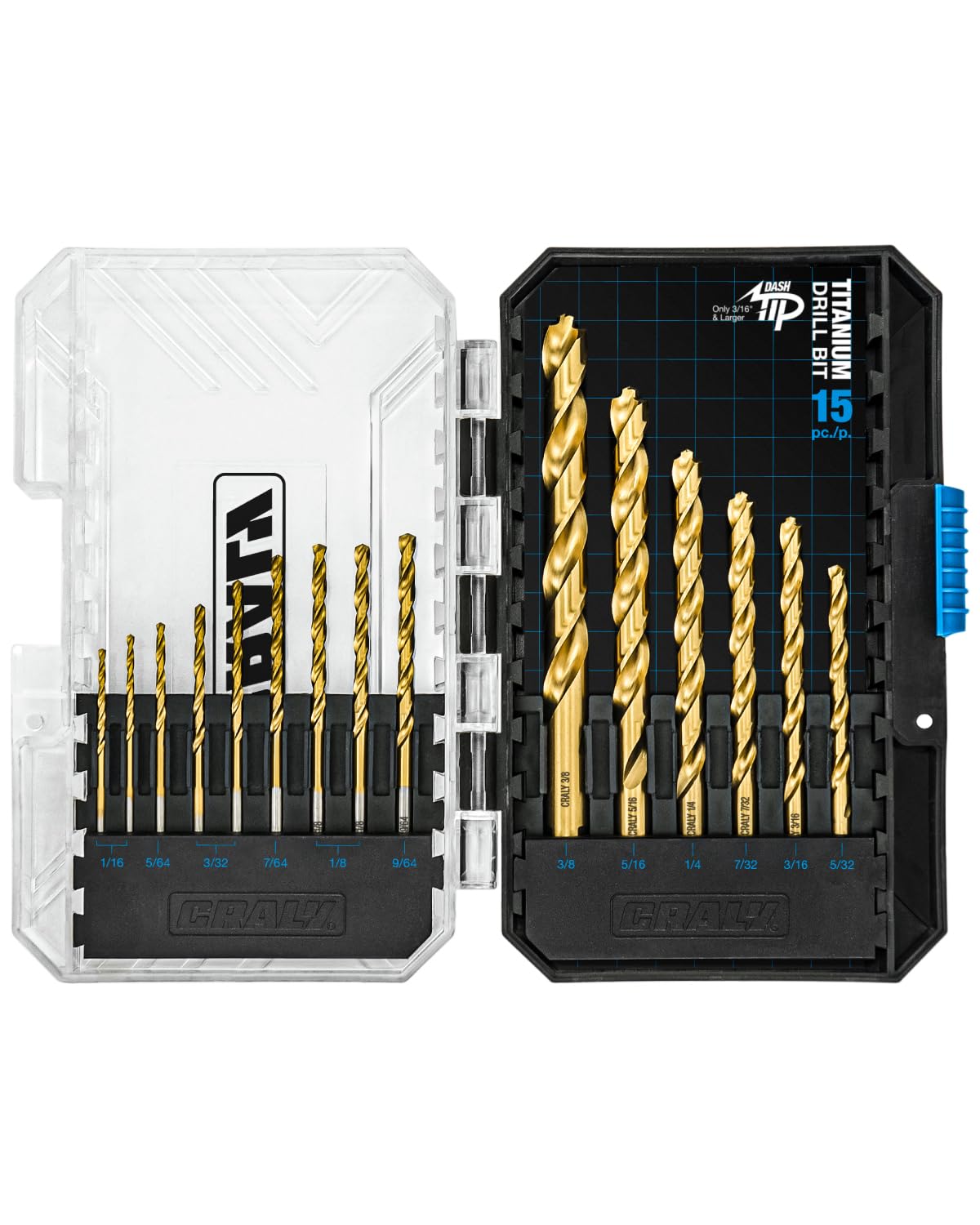 CRALY 15-Piece Cobalt Drill Bit Set, M35 HSS Titanium Coated Jobber Length Twist Drill Bits, Dash Tip & 135 Degree Split Point, 3-Flat Shank, for Hard Metal, Stainless Steel, Cast Iron, Plastic