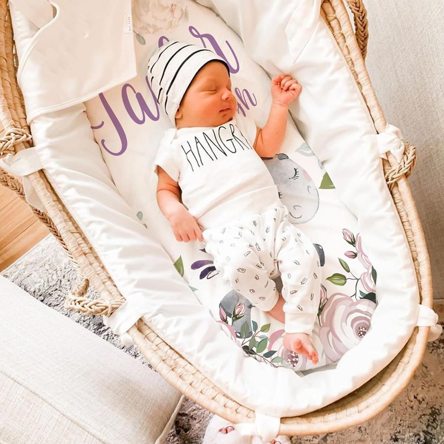 Custom Baby Bassinet Sheets - Universal Fit for Rectangle, Oval, Hourglass Bassinet Mattress/Pad - Stretchy Ultra Soft Fitted Bassinet Sheet Set 2 Pack with Personalized Name Style12