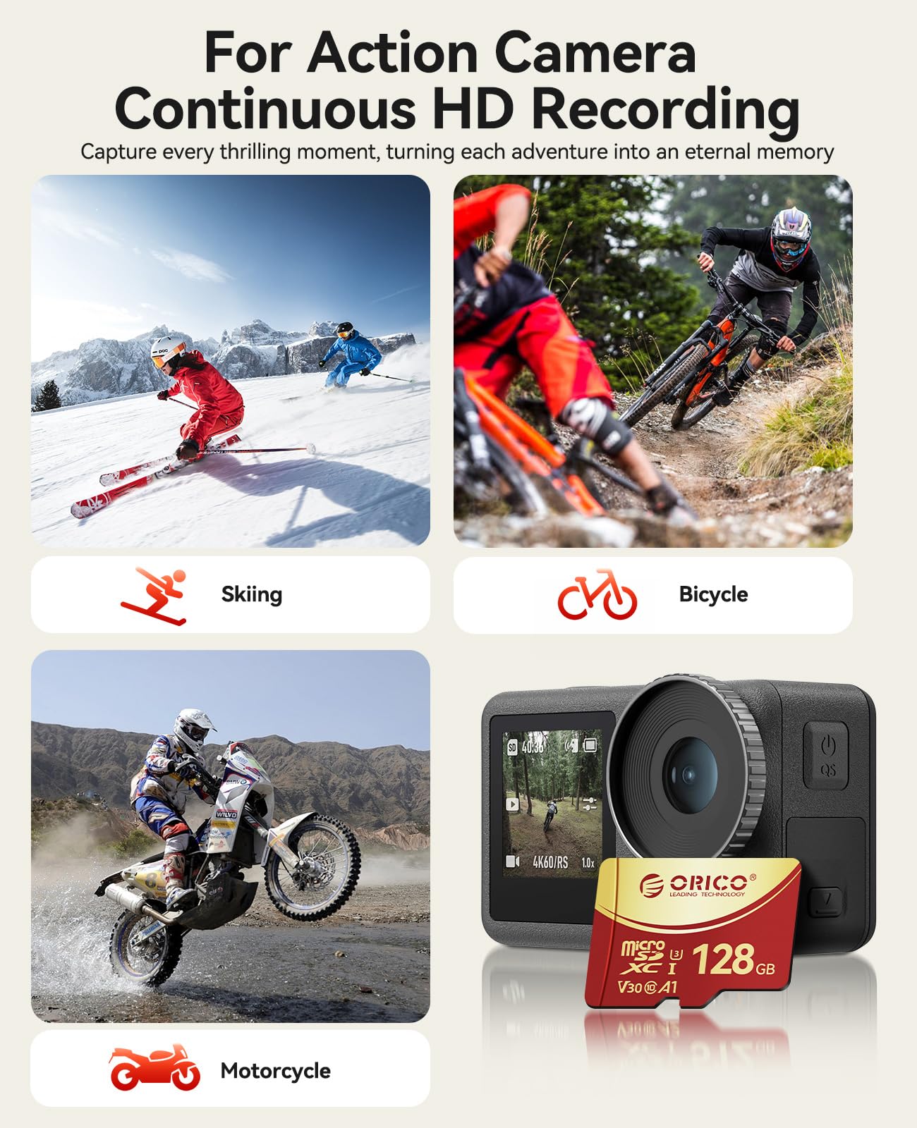 ORICO Scheda di memoria microSDXC UHS-I da 128 GB, 100 MB/s, ricodifica UHD 4K, U3, Class10, V30, A1, Micro SD per Action Camera, Dash Cam, TF Card F3