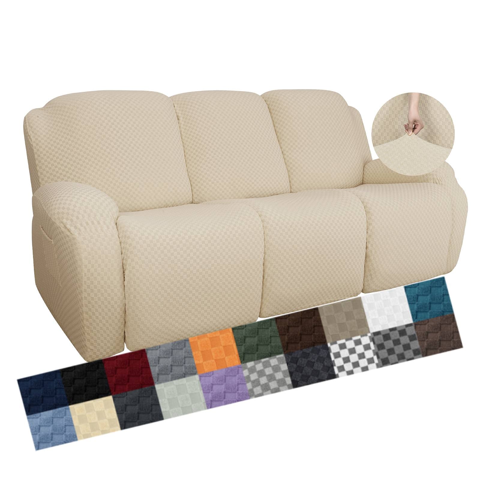 YEMYHOM 8 Pieces Stretch Recliner Sofa Cover Latest Jacquard Reclining Couch Cover with Side Pocket Anti-Slip Fitted 3 Cushion Furniture Slipcovers with Elastic Bottom (Sofa Recliner, Beige)