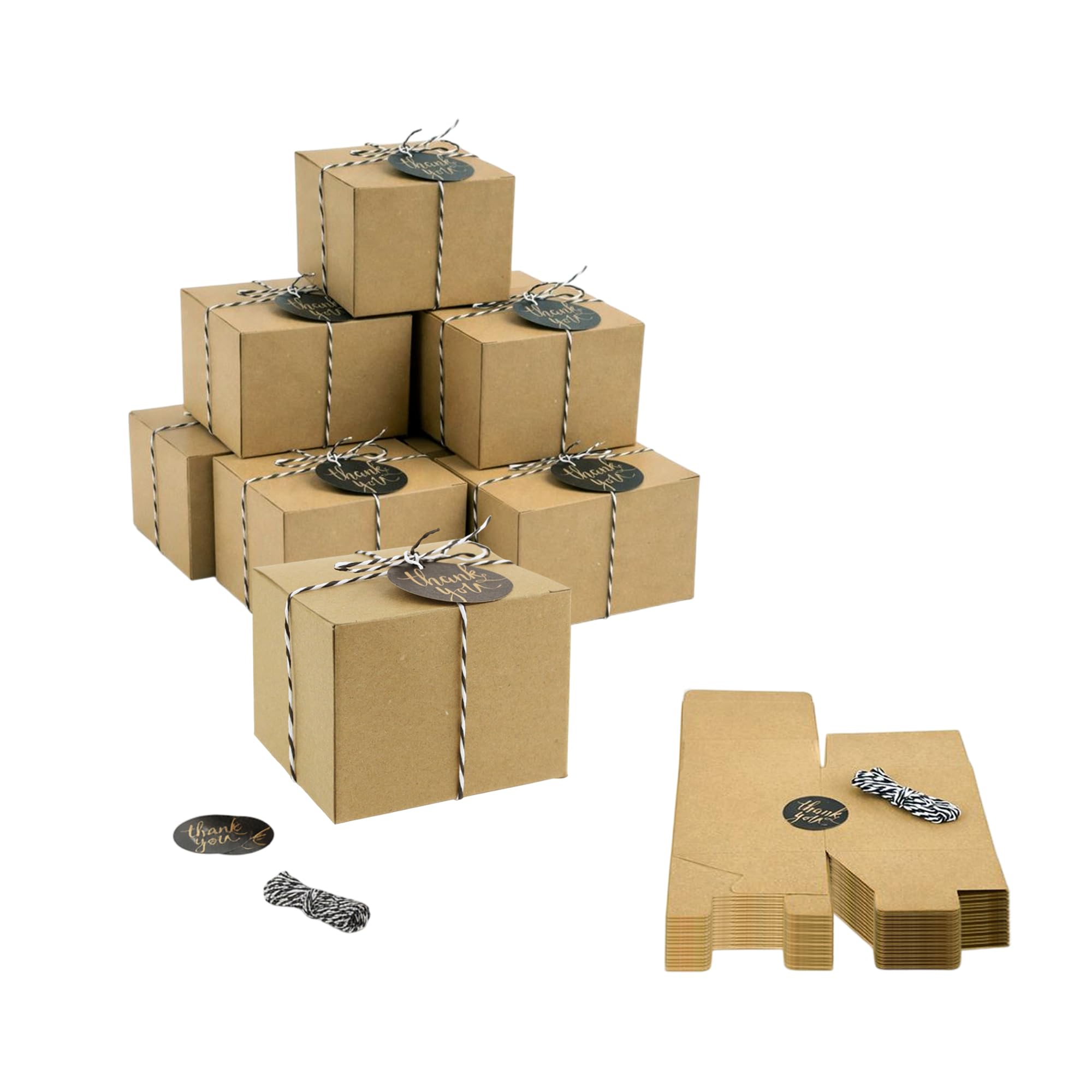 Emartbuy Natural Kraft Gift Box, 9 x 9 x 7 cm Brown Kraft Candy Treat Cookies Box with String and Tag - Pack of 12