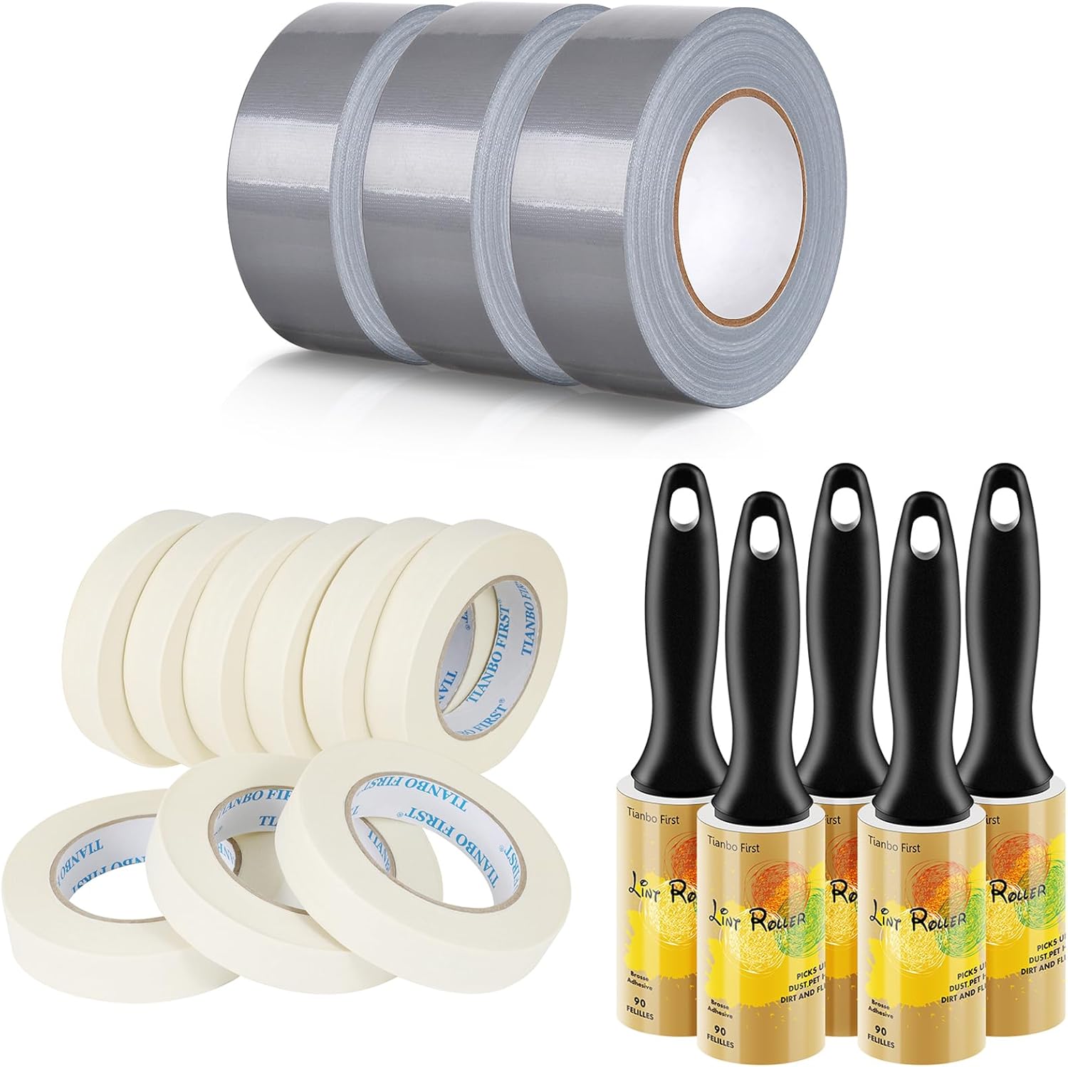 Ultimate Home Essentials Bundle Masking Tape 0.94 Inch Wide 9 Rolls, Silver Grey Duct Tape 3 Roll and Lint Rollers for Pet Hair Extra Sticky 5 Packs Bundle