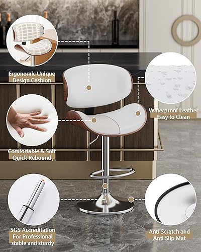 Miniatura 4 de Aowos Juego de 2 taburetes de bar giratorios ajustables, modernos de mediados de siglo, tapizados de piel sintética, altura de mostrador, taburetes