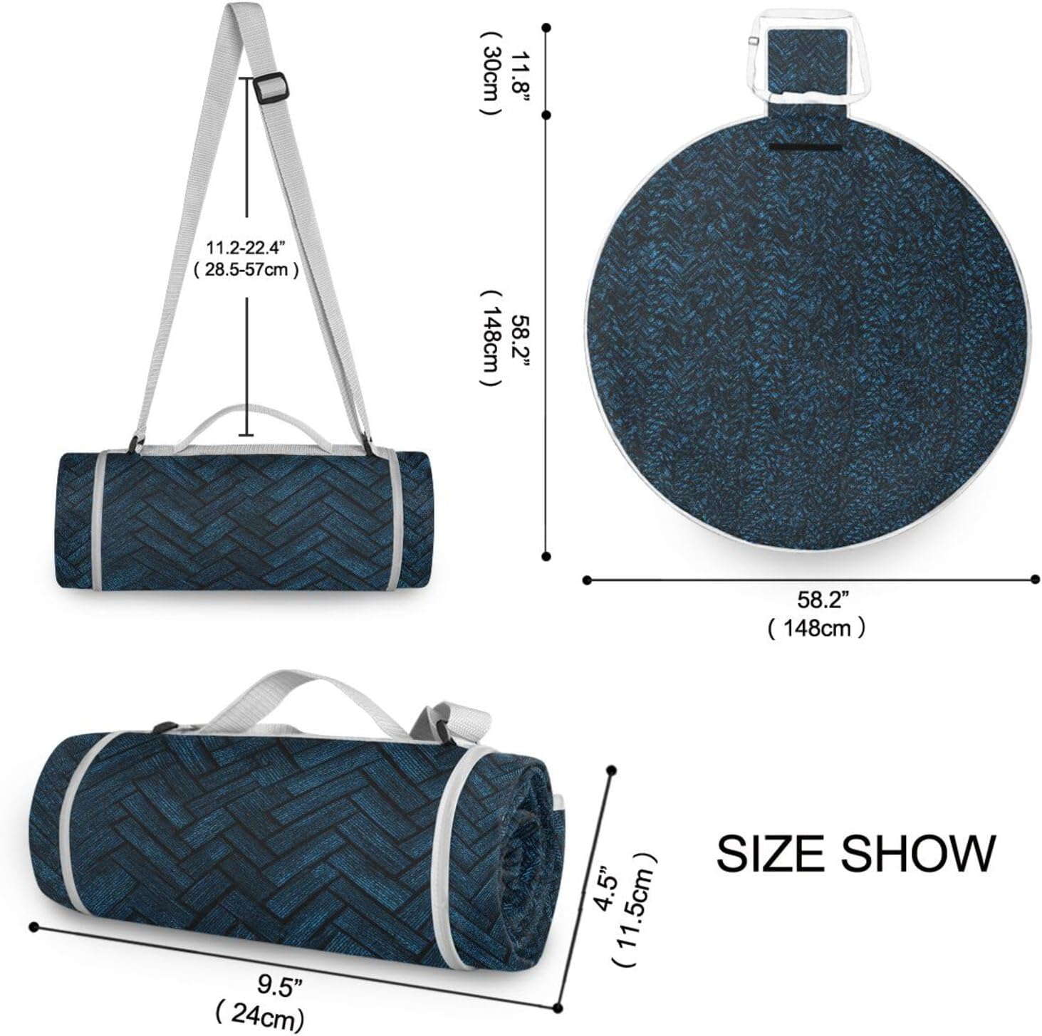 Round Picnic Essentials - Fits 2 Adults, Summer Accessories Water-Resistant Outside Blankets for Grass Dual Layer, Sand-Free, Soft Throw Rug 58 in (Dark Blue Herringbones)