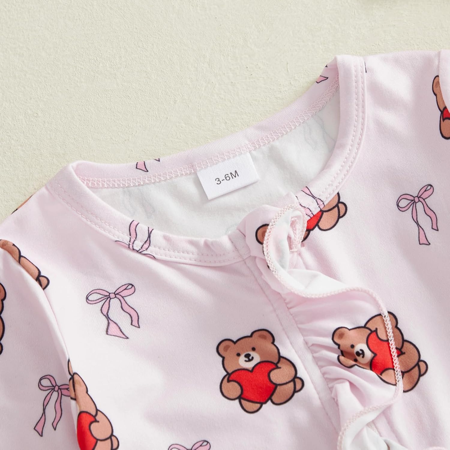 Newborn Baby Girl Valentines Outfit Heart Bear Ruffled Zipper Long Sleeve Romper Footies One Piece Jumpsuit Headband - Image 4
