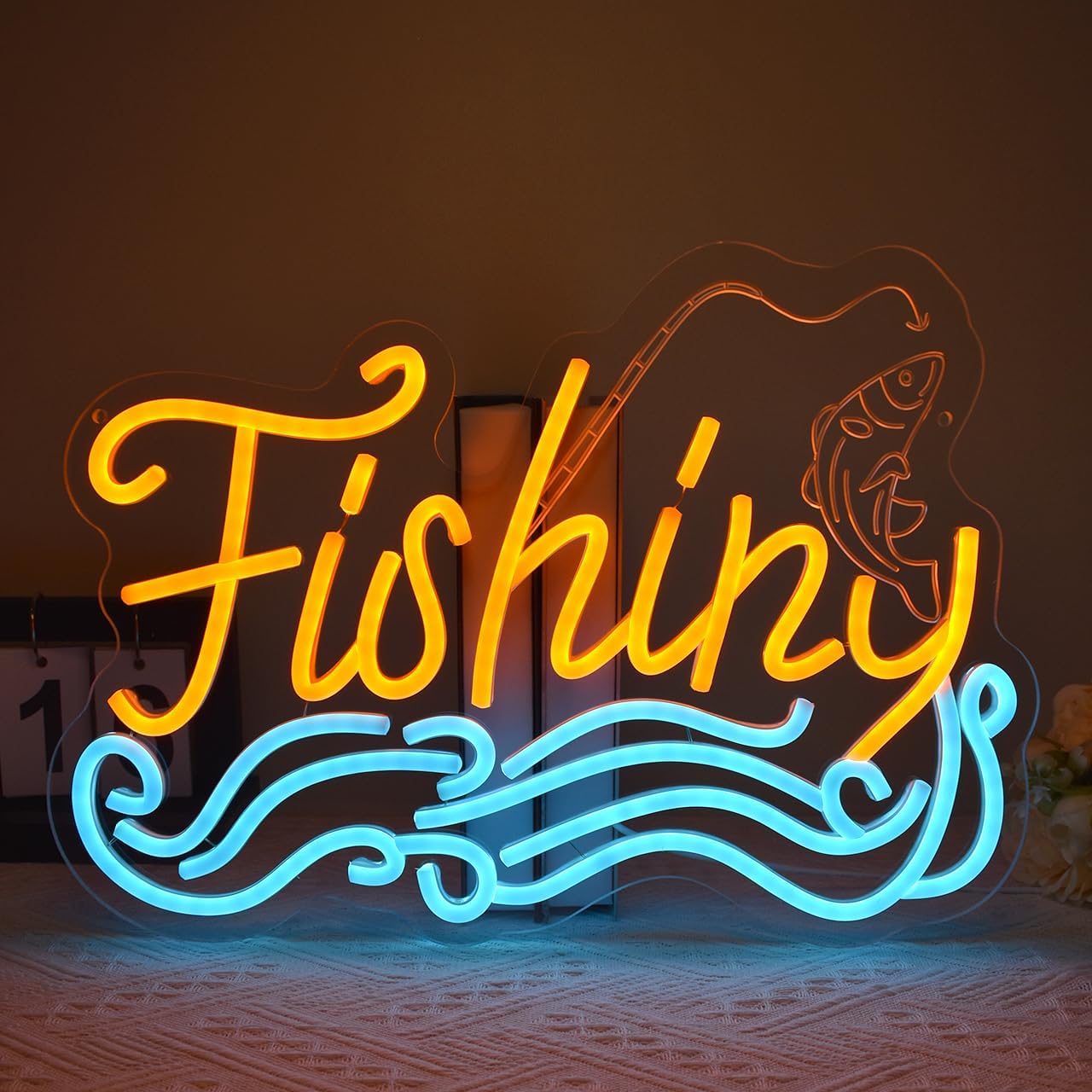 Fishing Neon Sign Fish Led Wall Light With Dimmable Switch for Bedroom Living Room Shop Yacht Man Cave Decor Fishing Hook Sign Gifts, USB Power 16 * 11inch