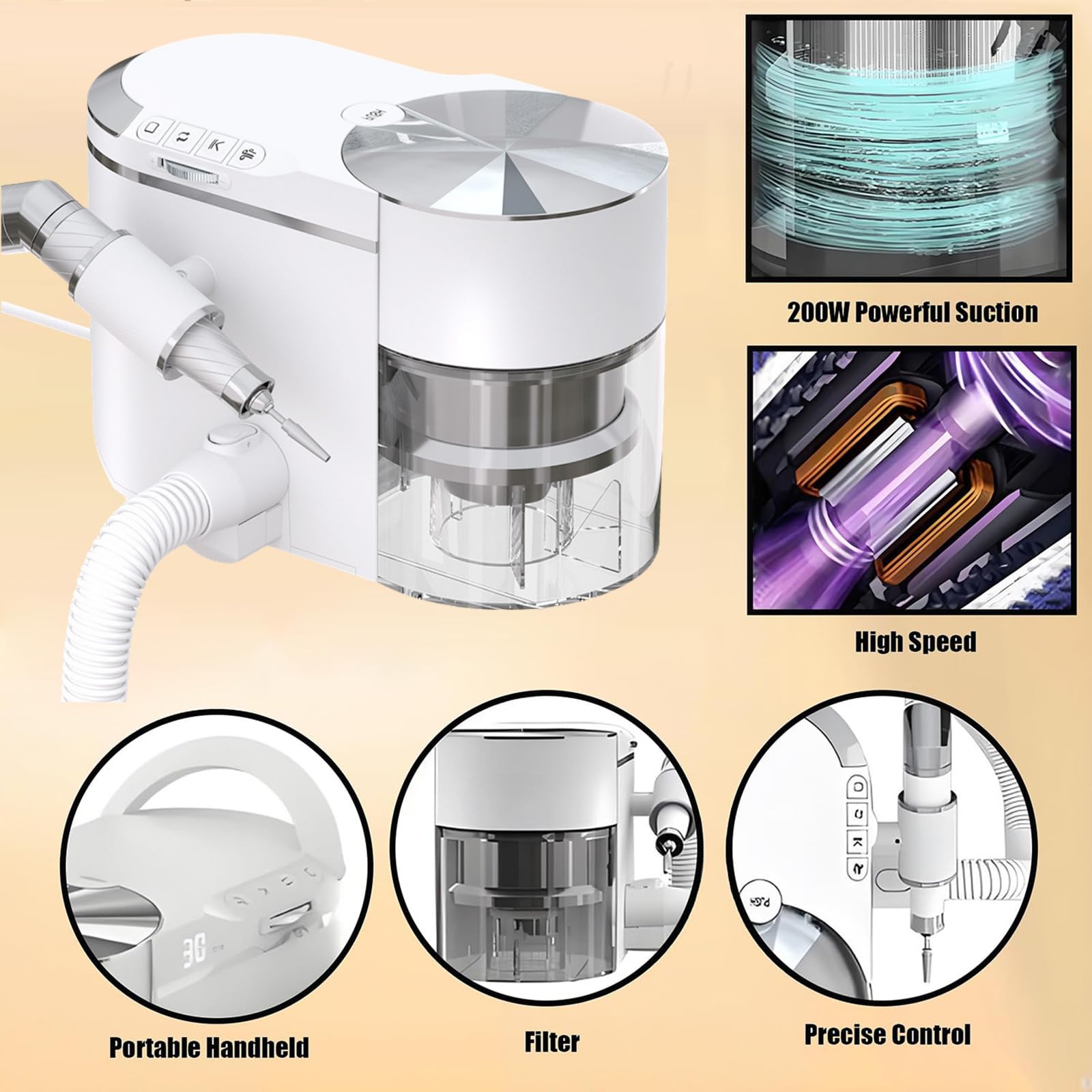 2-en-1 Taladro De Uñas Con Aspirador De Polvo, 30000 RPM Máquina De Manicura Eléctrica Con Fuerte Succión, Lima Y Pulidora Silenciosa Para Uñas Acrílicas, Gel Y Salón