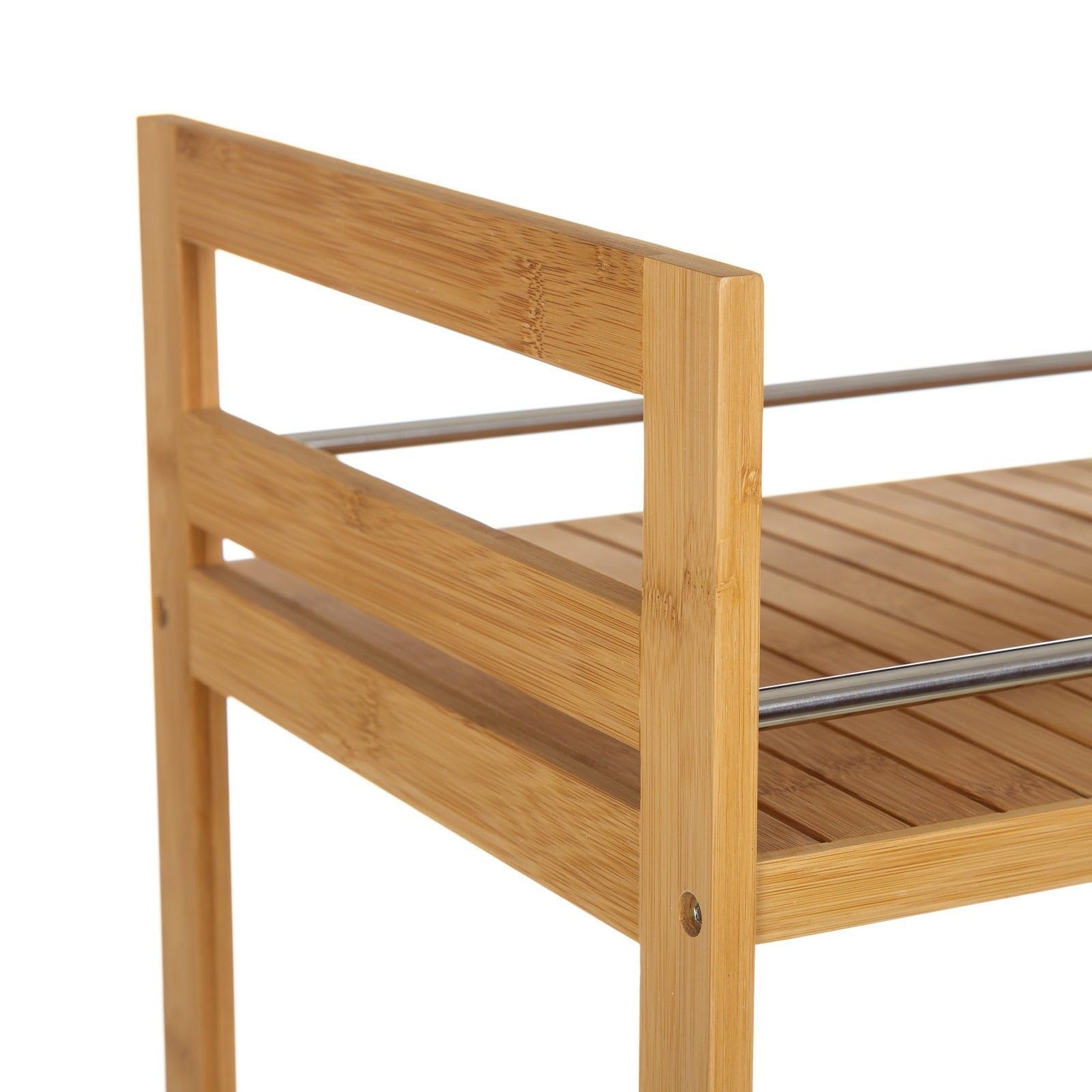 Carrito camarera de cocina de bambú natural con 2 estantes de 55x32x62 cm | Ruedas con freno y barras anticaída integradas. Transporta platos de forma segura, sirve comidas y organiza todo tu menaje