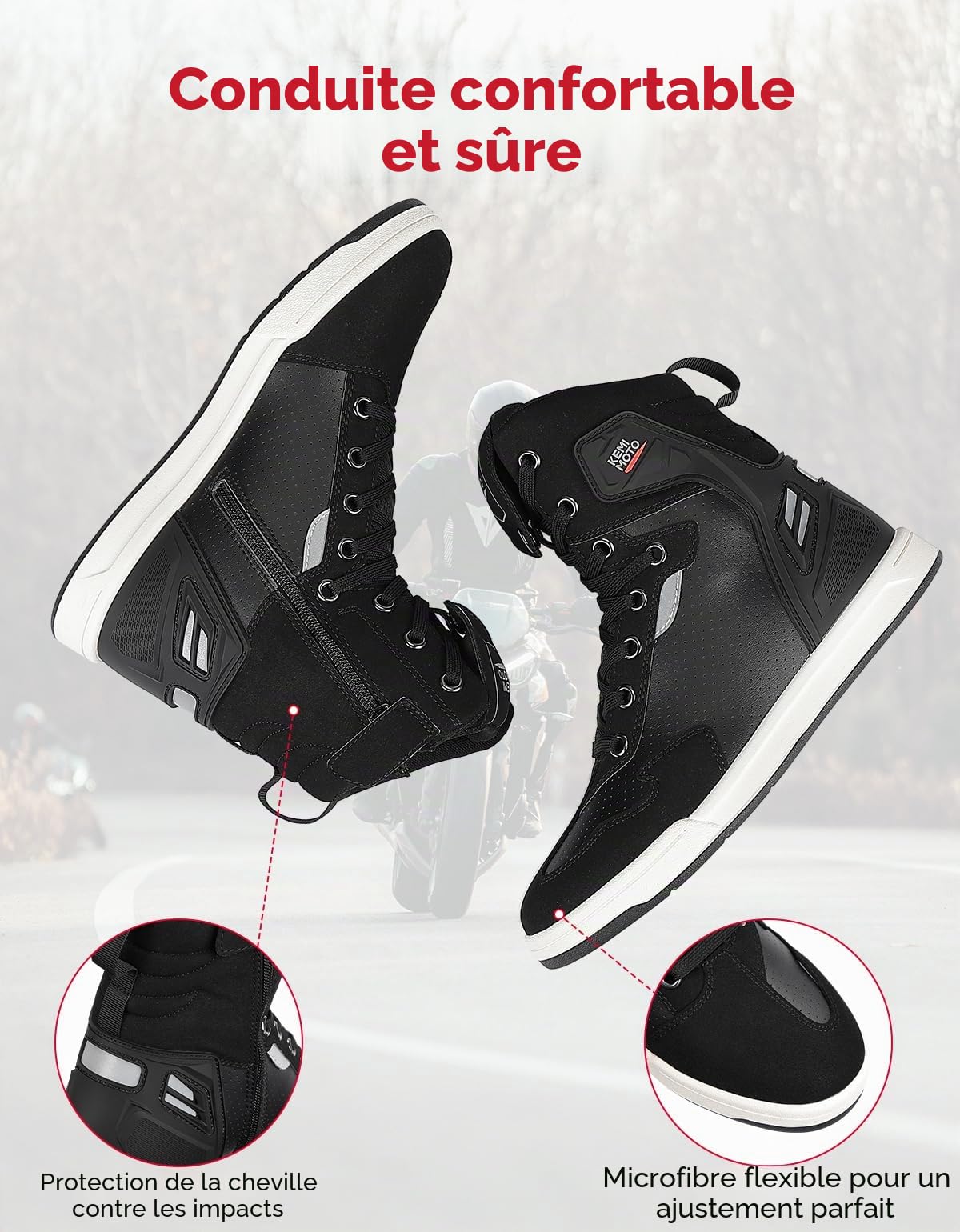 KEMIMOTO Chaussure Moto Homme, Botte Moto Montantes Hommes Décontractées, Chaussures de Motocross Renforcées avec Support de Cheville et Semelle Antidérapante